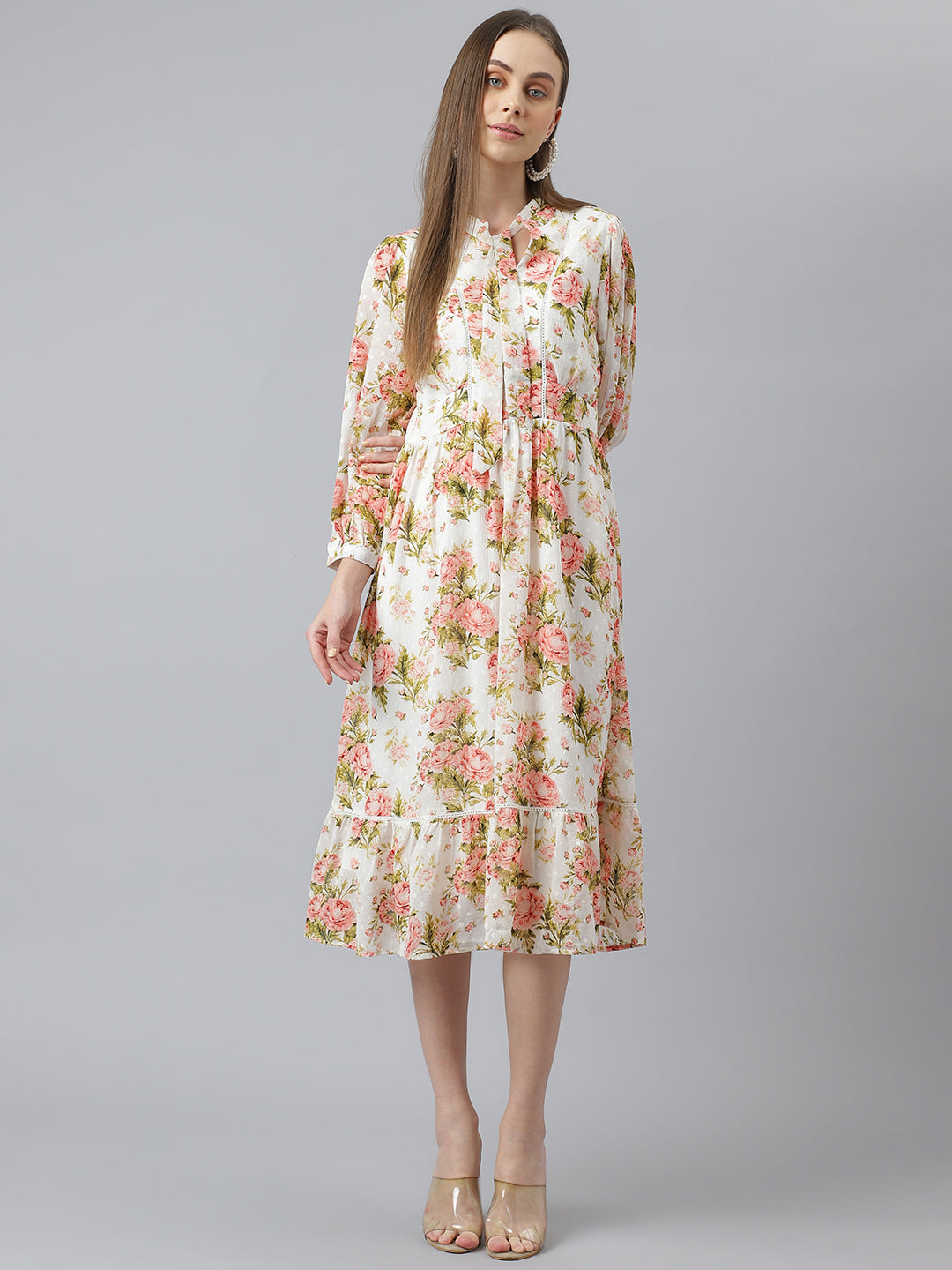 open lace back dress Full Sleeves Floral Printed Midi Dress Red