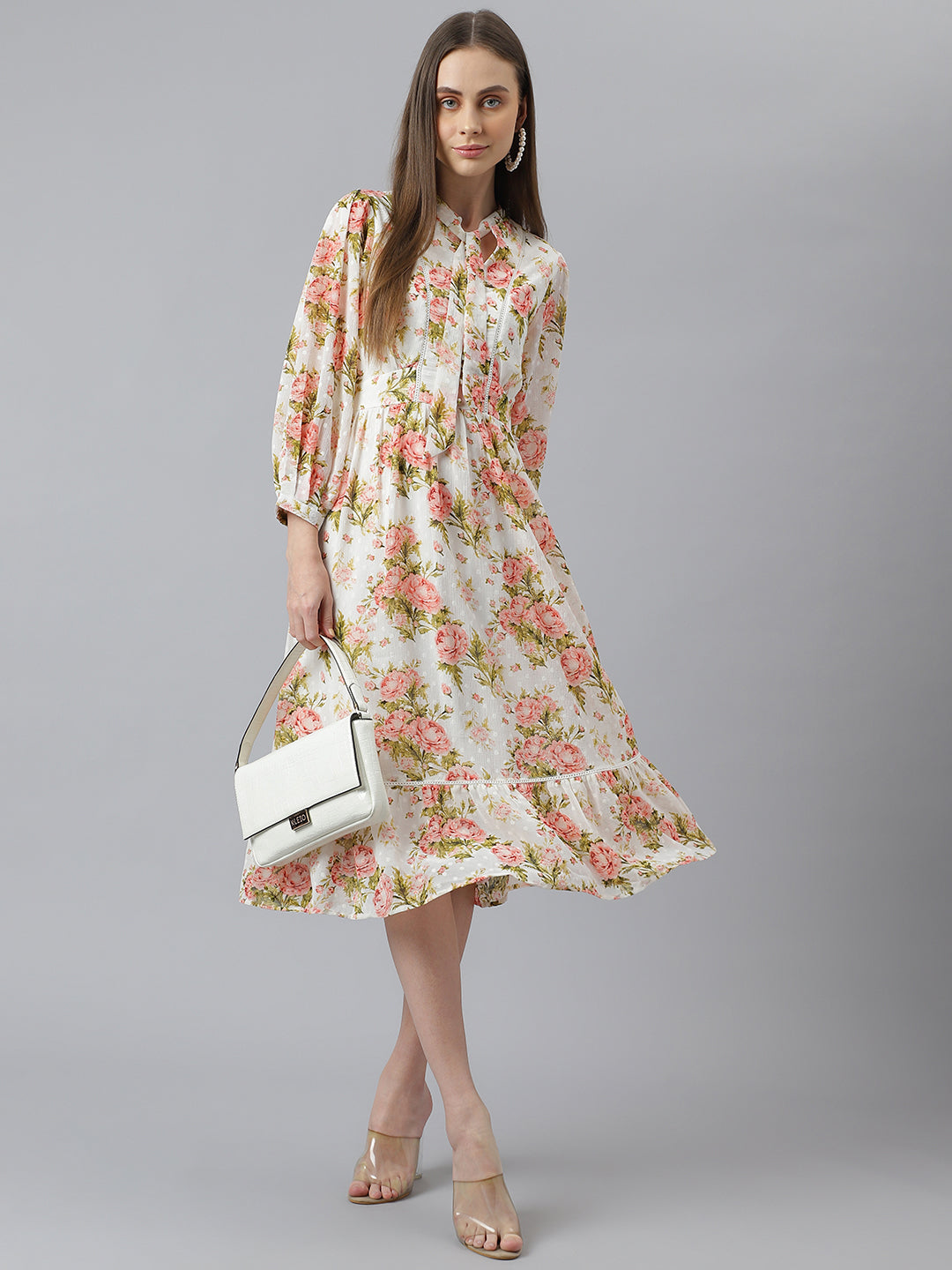 Full Sleeves Floral Printed Midi Dress Red