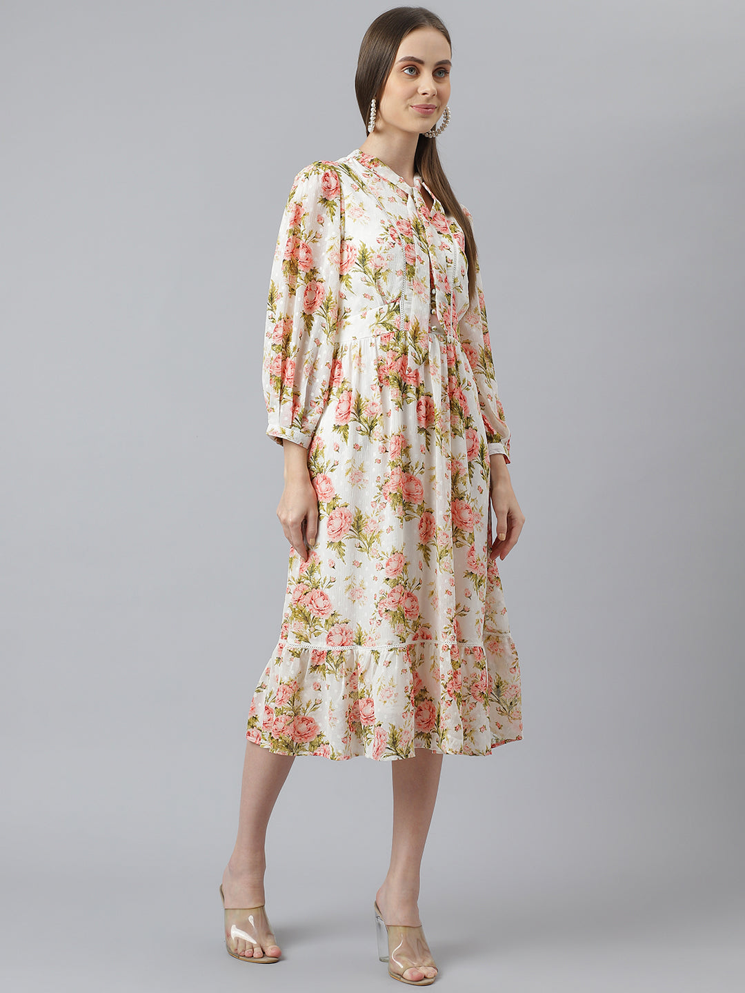 Full Sleeves Floral Printed Midi Dress Red
