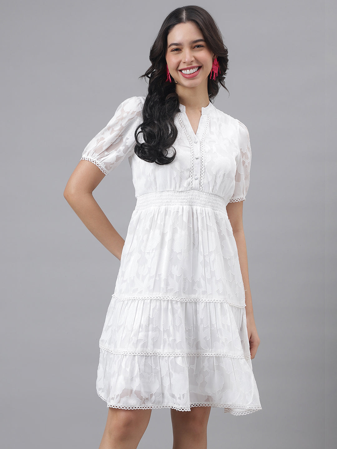 White Half Sleeve Mandarin Collar Women A-Line Dress