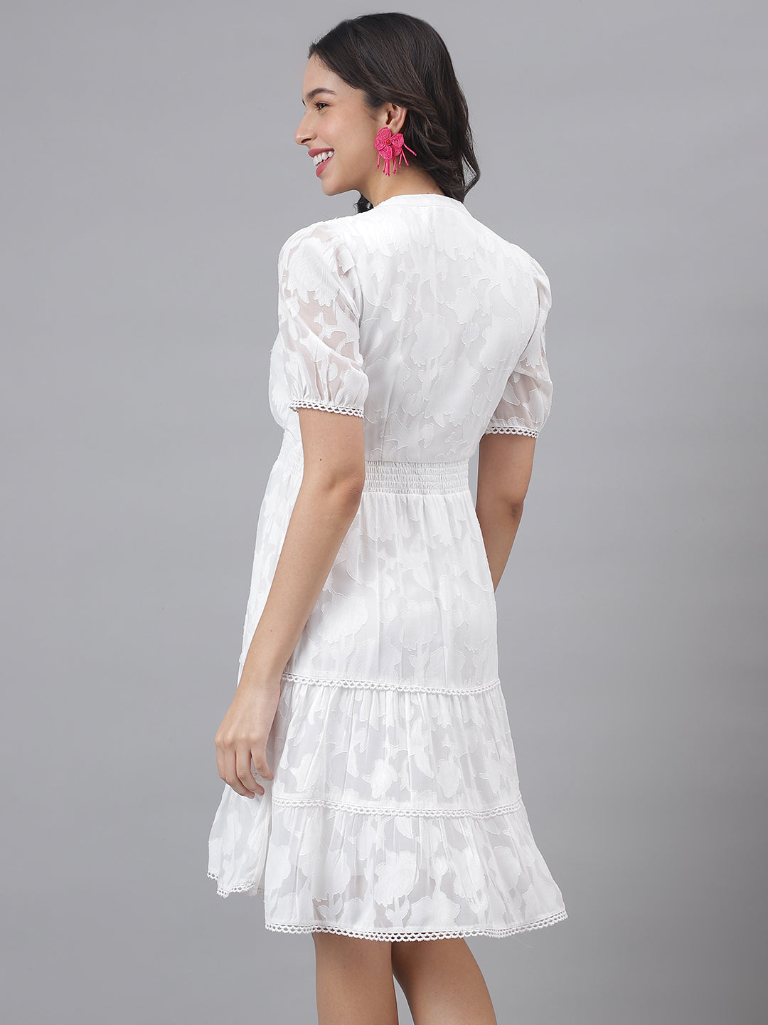 White Half Sleeve Mandarin Collar Women A-Line Dress