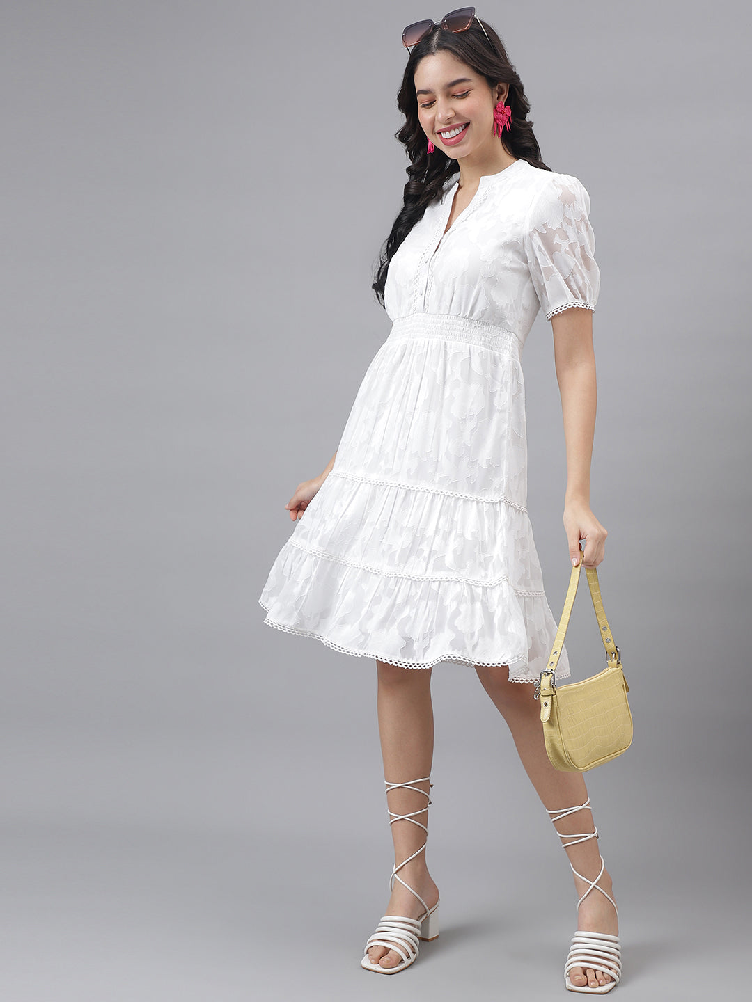 White Half Sleeve Mandarin Collar Women A-Line Dress