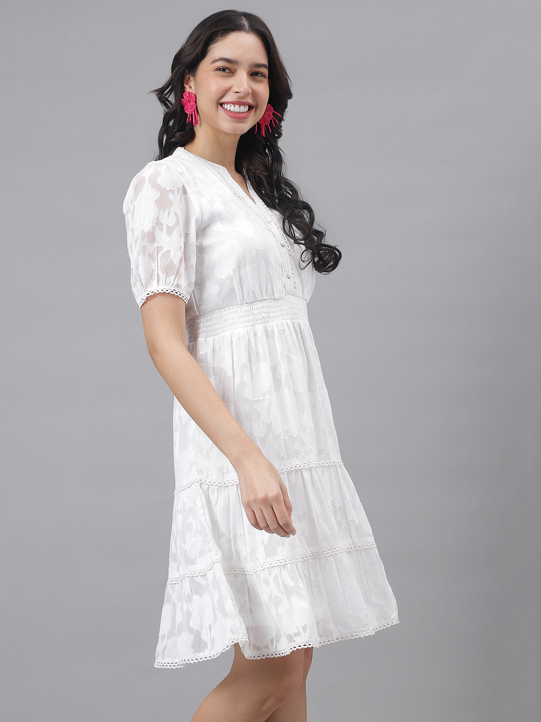 White Half Sleeve Mandarin Collar Women A-Line Dress