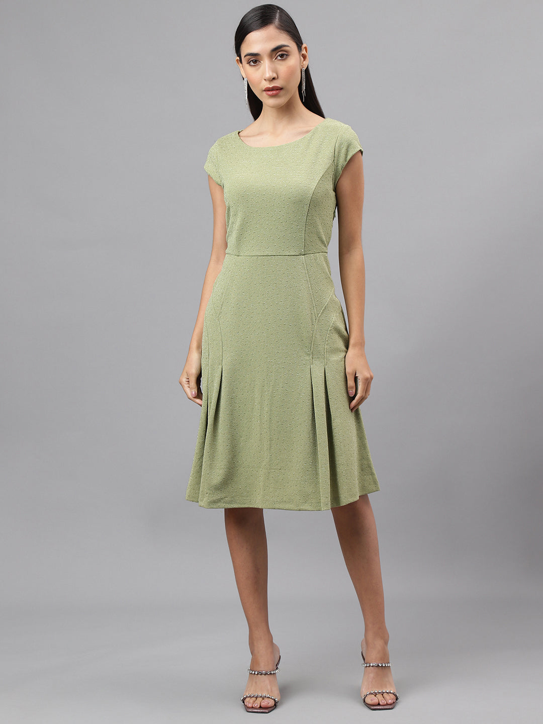 Green Cap Sleeve Round Neck Solid A-Line Dress