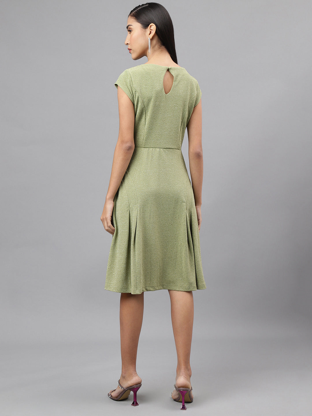 Green Cap Sleeve Round Neck Solid A-Line Dress