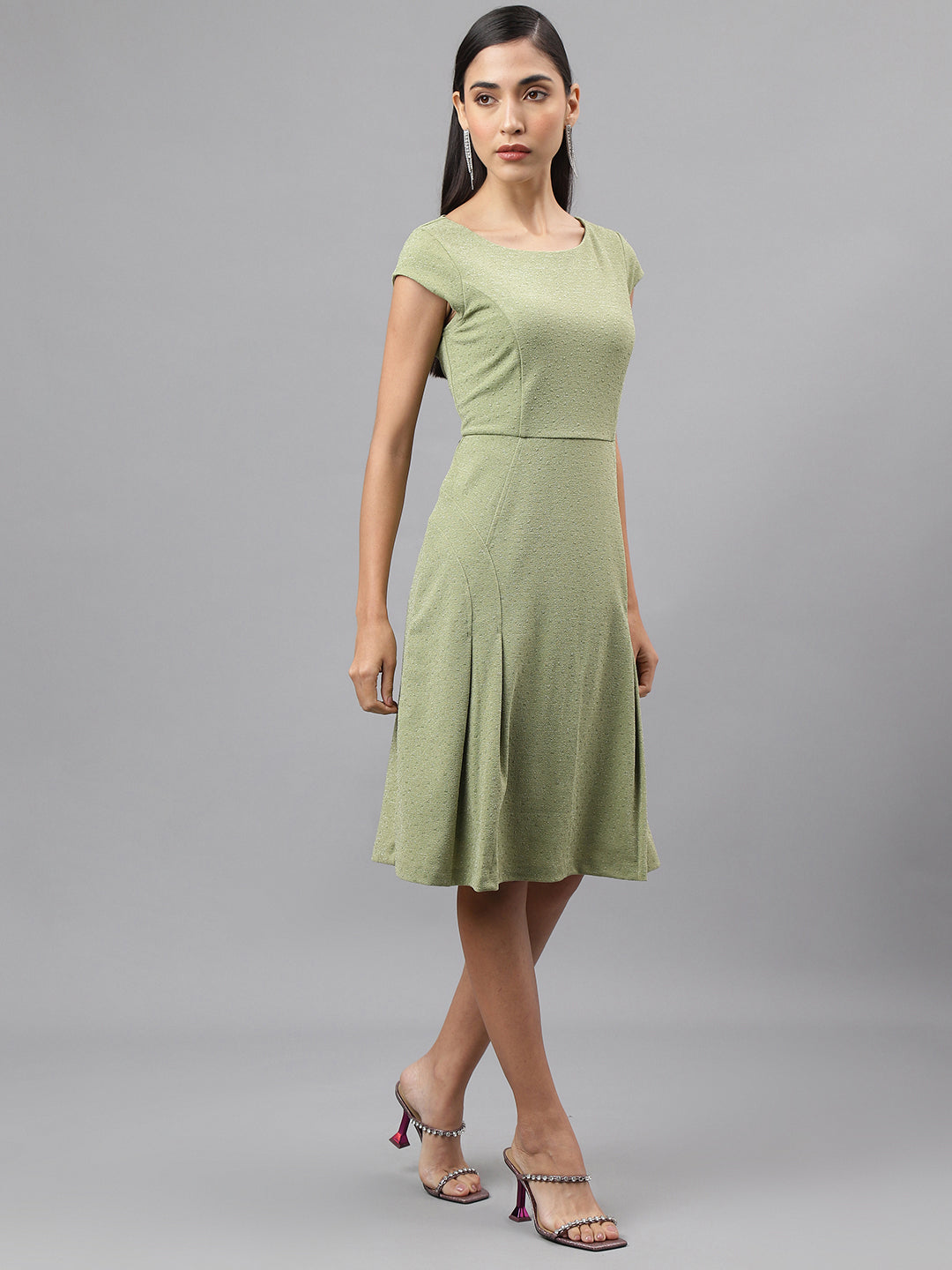 Green Cap Sleeve Round Neck Solid A-Line Dress