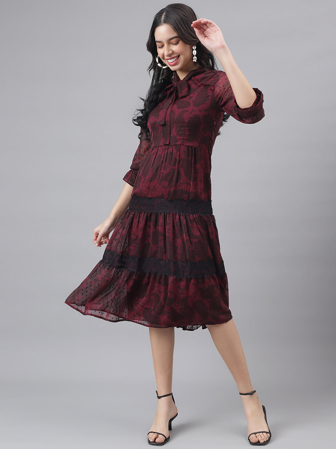 Maroon 3/4 Sleeve Tie-Up Neck Women A-Line Dress