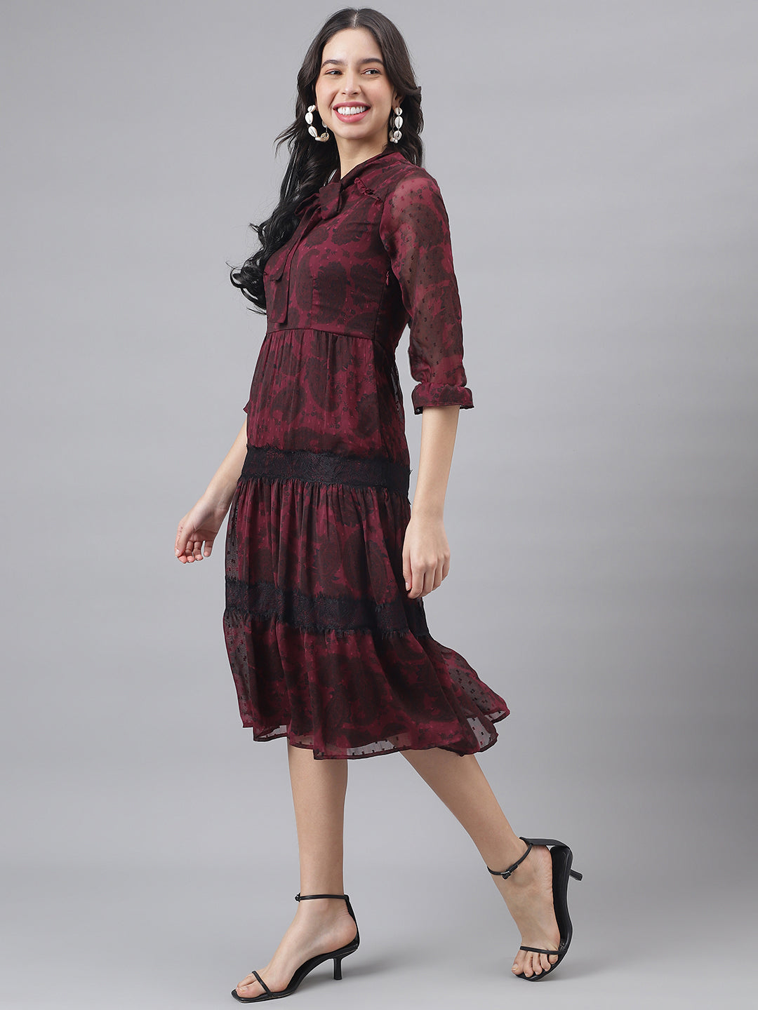 Maroon 3/4 Sleeve Tie-Up Neck Women A-Line Dress