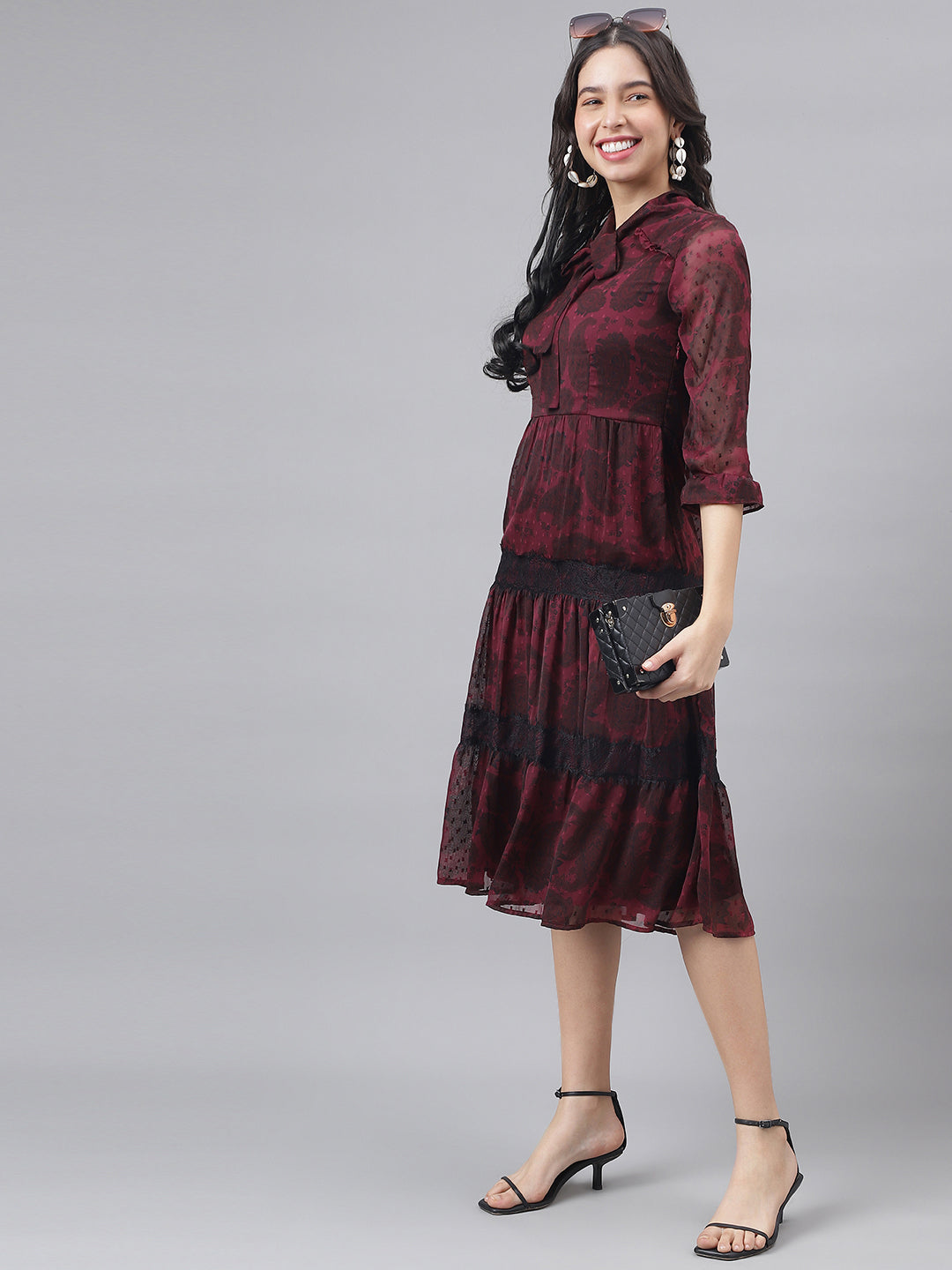 Maroon 3/4 Sleeve Tie-Up Neck Women A-Line Dress