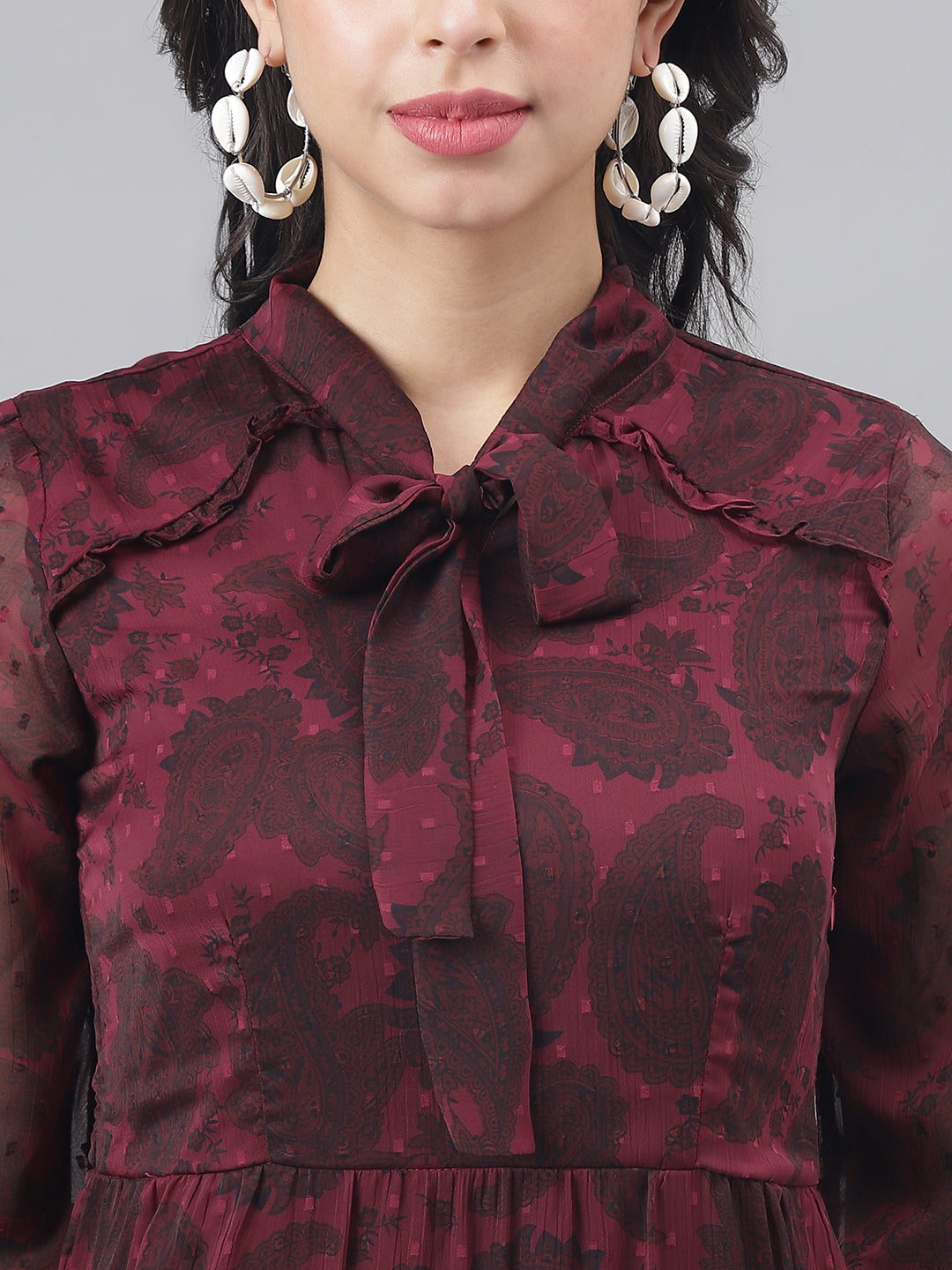 Maroon 3/4 Sleeve Tie-Up Neck Women A-Line Dress
