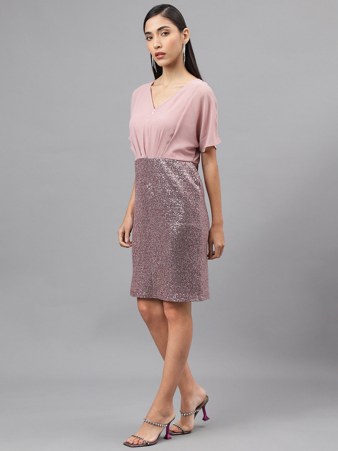 Rose Gold Cap Sleeve V-Neck Solid Bodycon Dress