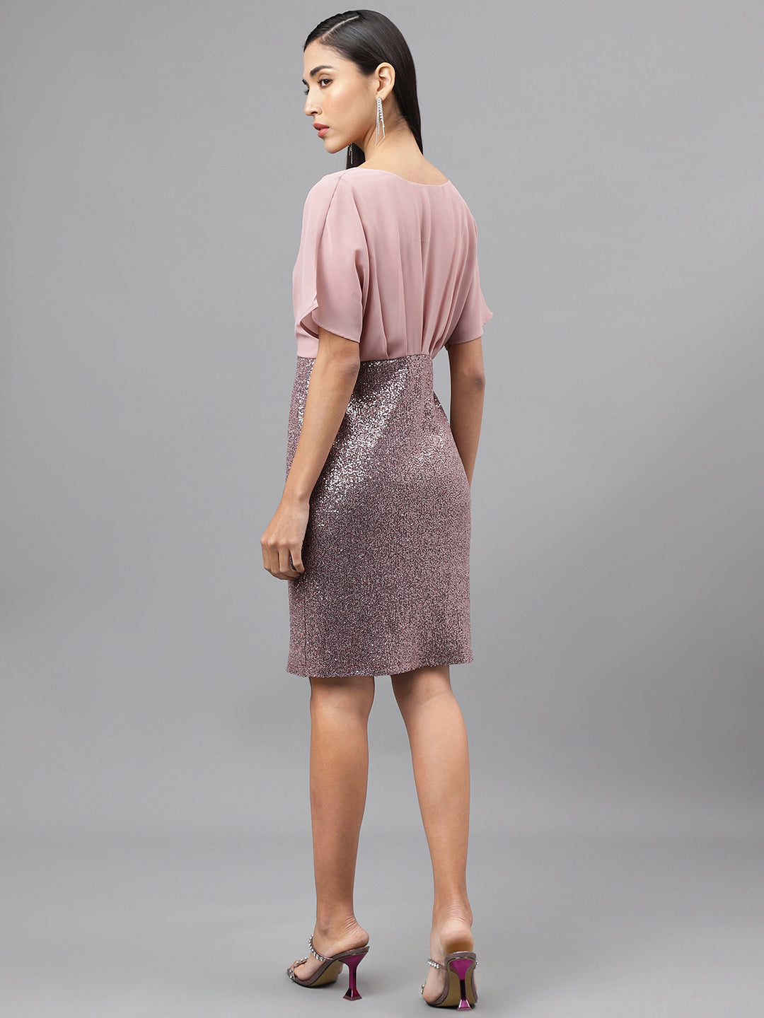 Rose Gold Cap Sleeve V-Neck Solid Bodycon Dress