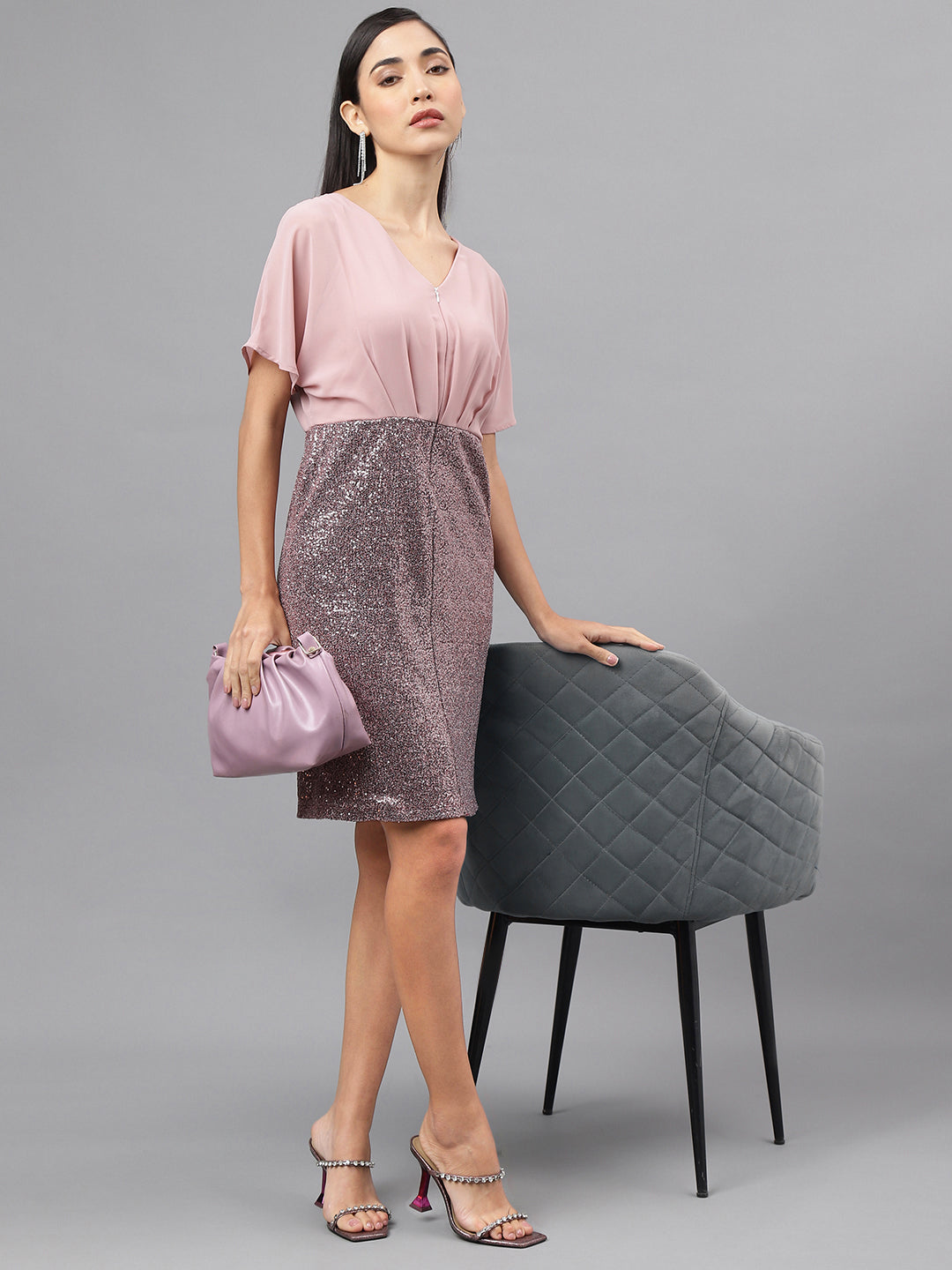 Rose Gold Cap Sleeve V-Neck Solid Bodycon Dress