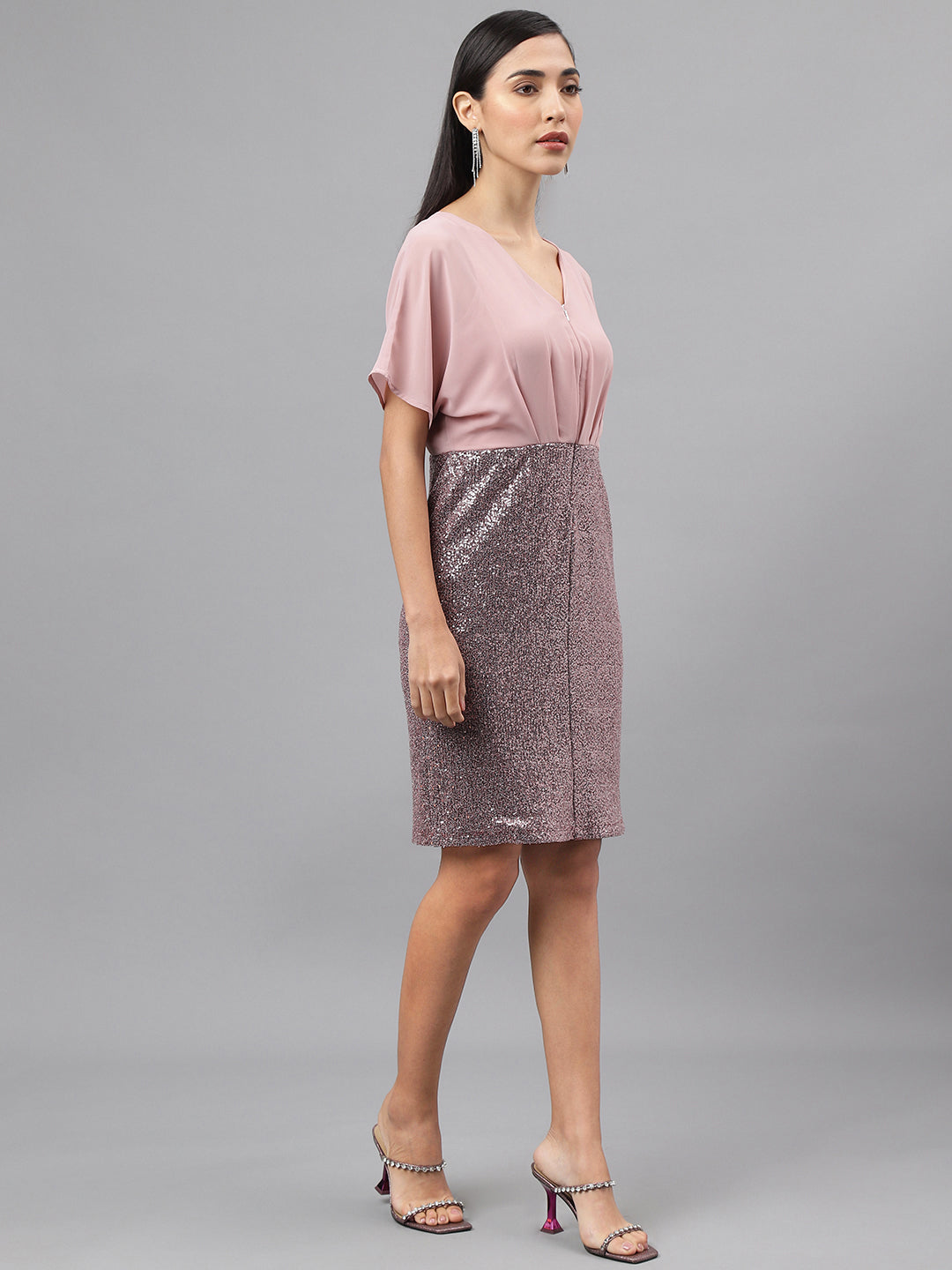 Rose Gold Cap Sleeve V-Neck Solid Bodycon Dress