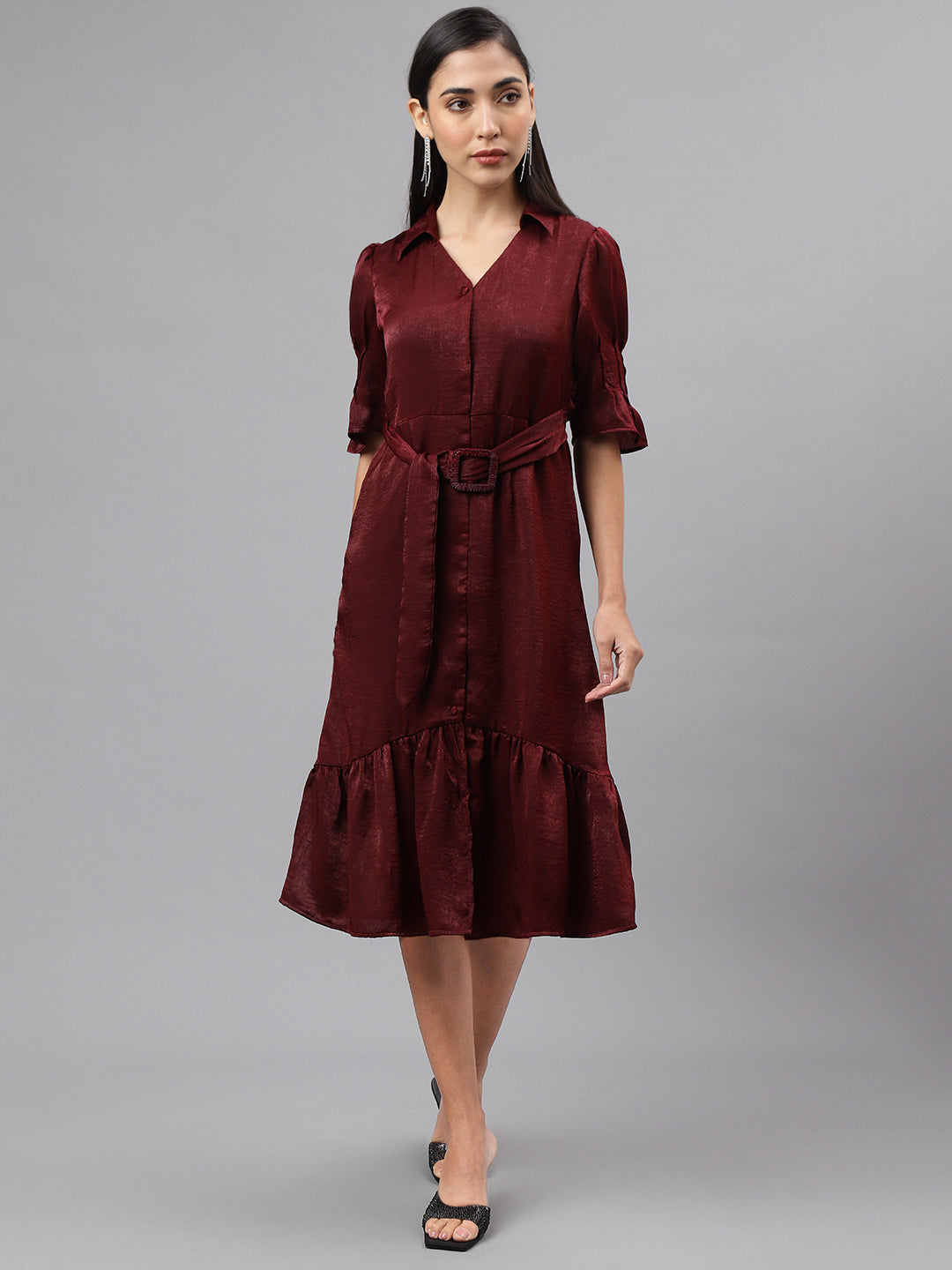 Maroon Half Sleeve Collar Neck Solid Shirt Dress