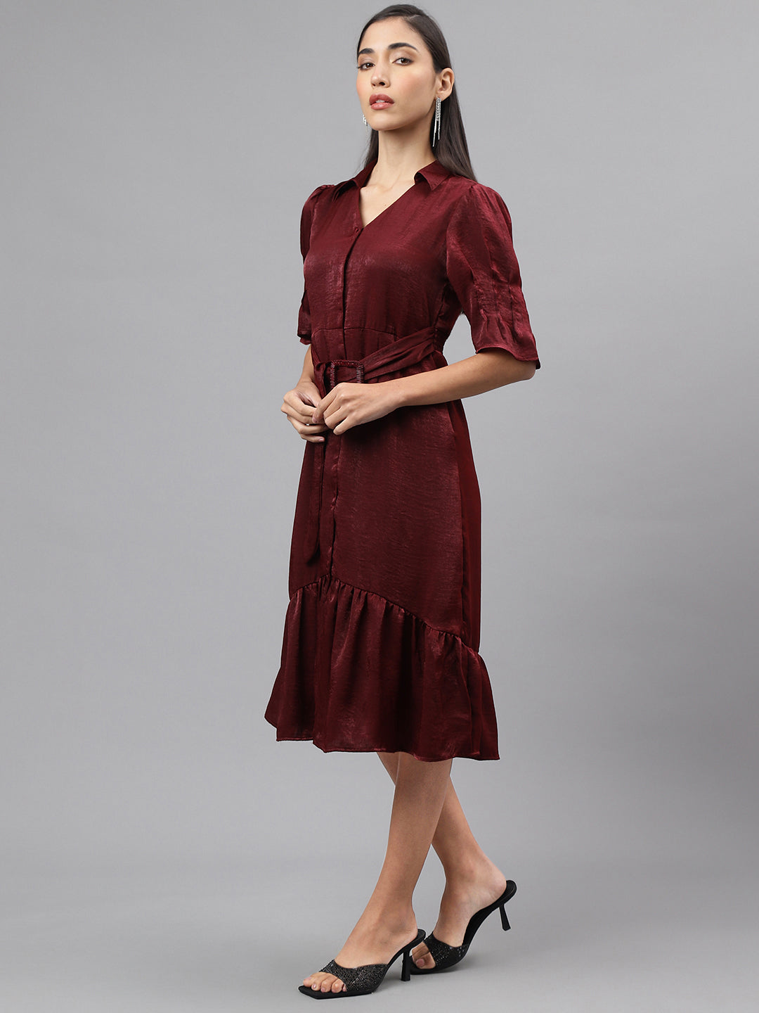 Maroon Half Sleeve Collar Neck Solid Shirt Dress