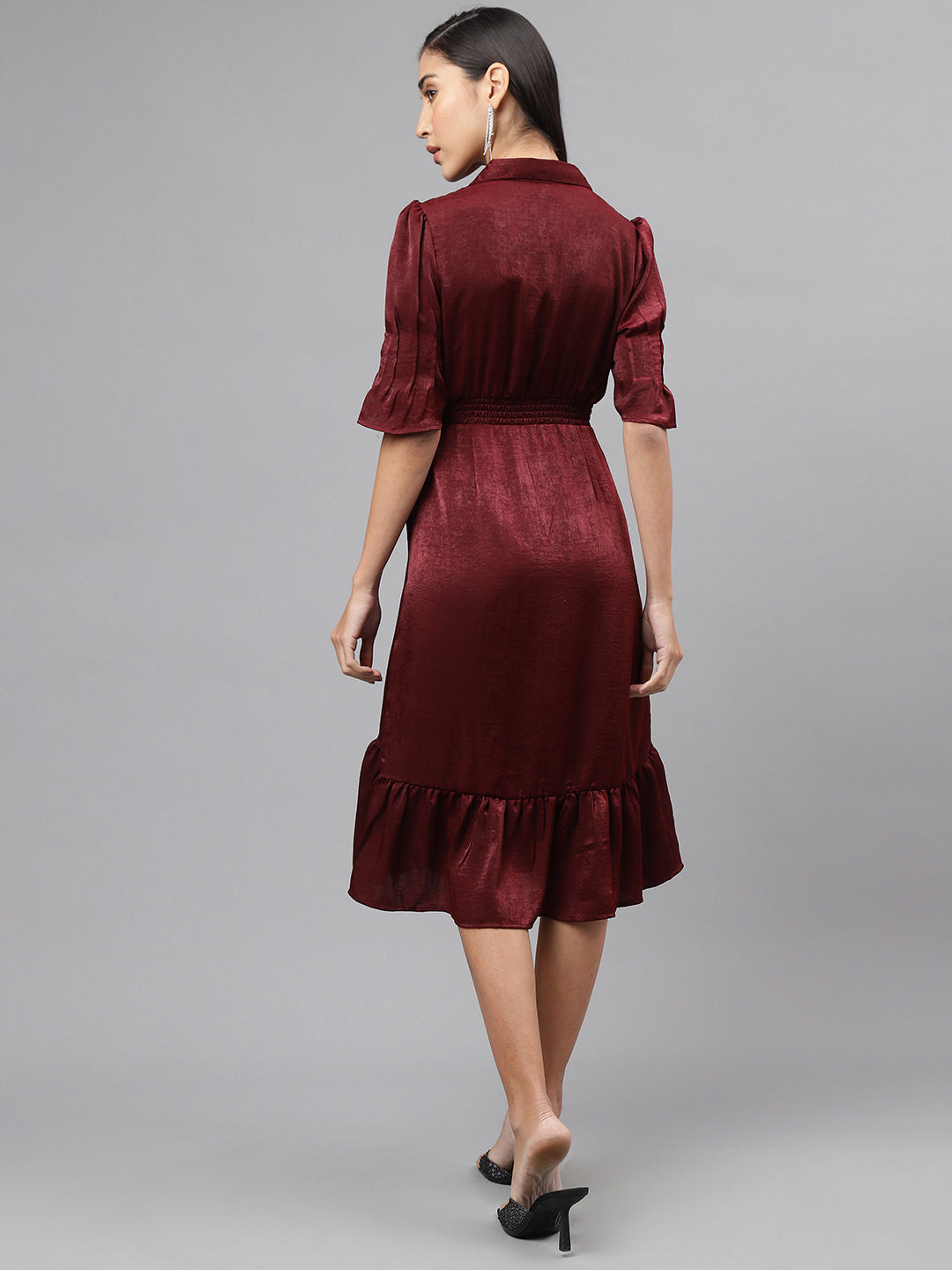 Maroon Half Sleeve Collar Neck Solid Shirt Dress