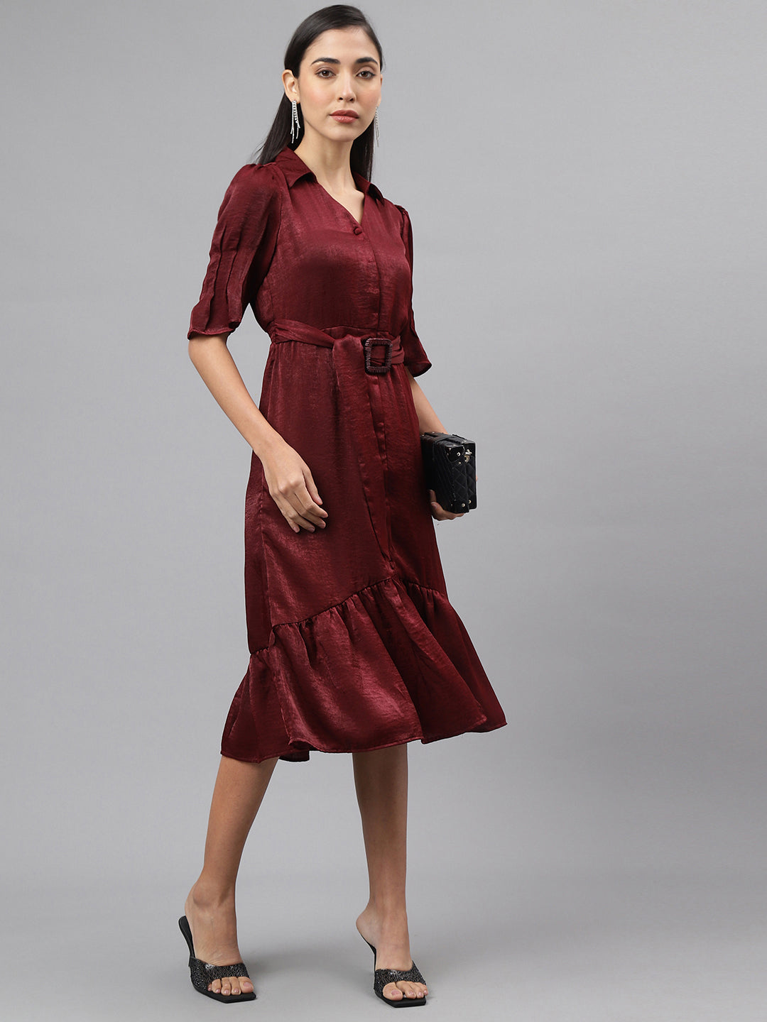 Maroon Half Sleeve Collar Neck Solid Shirt Dress