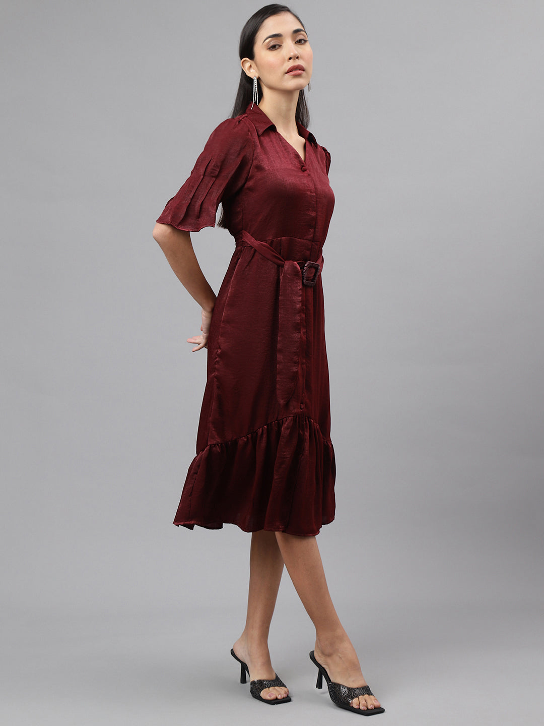 Maroon Half Sleeve Collar Neck Solid Shirt Dress