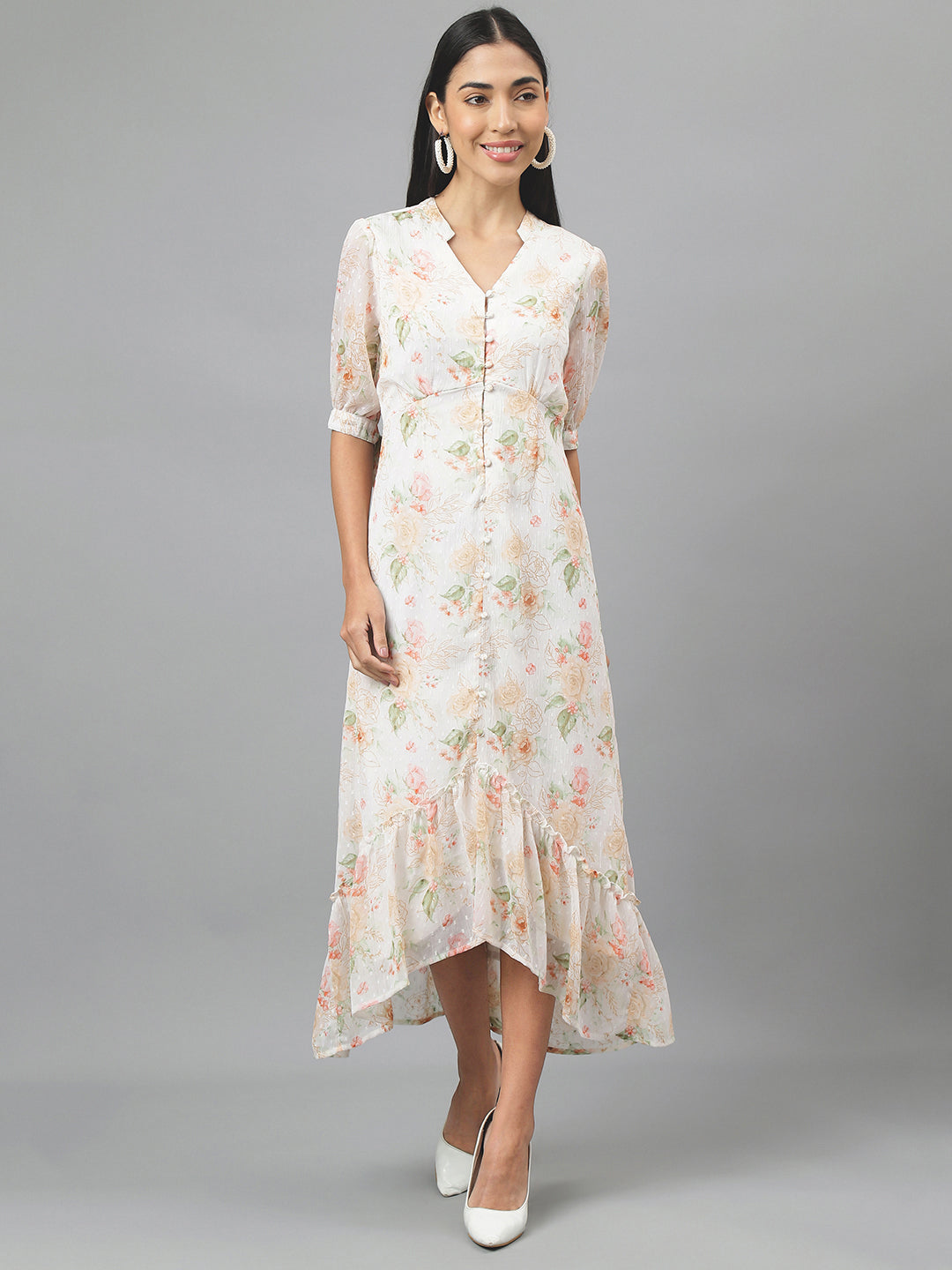 Ivory Half Sleeve V-Neck Floral Print High Low Dress