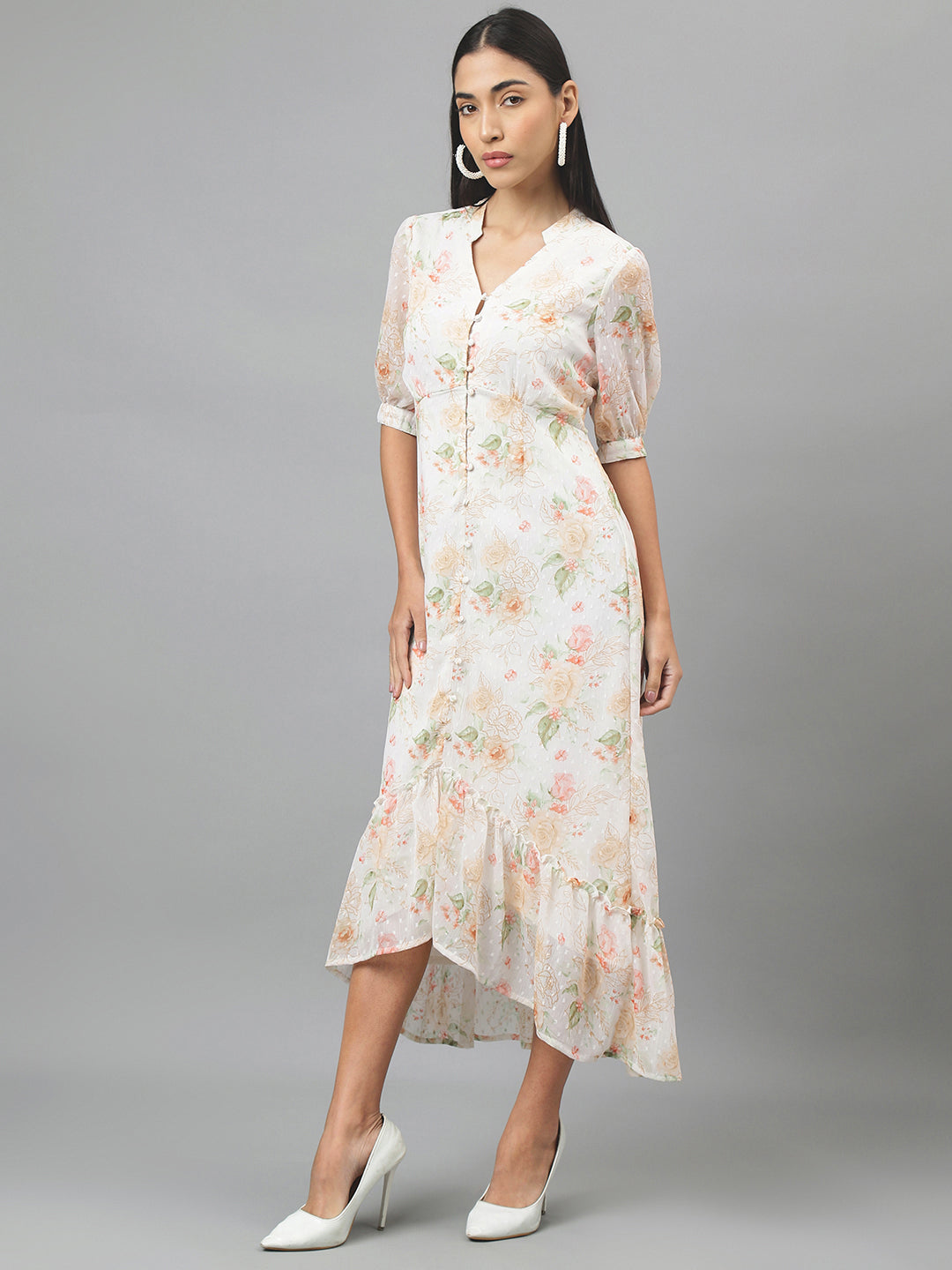 Ivory Half Sleeve V-Neck Floral Print High Low Dress
