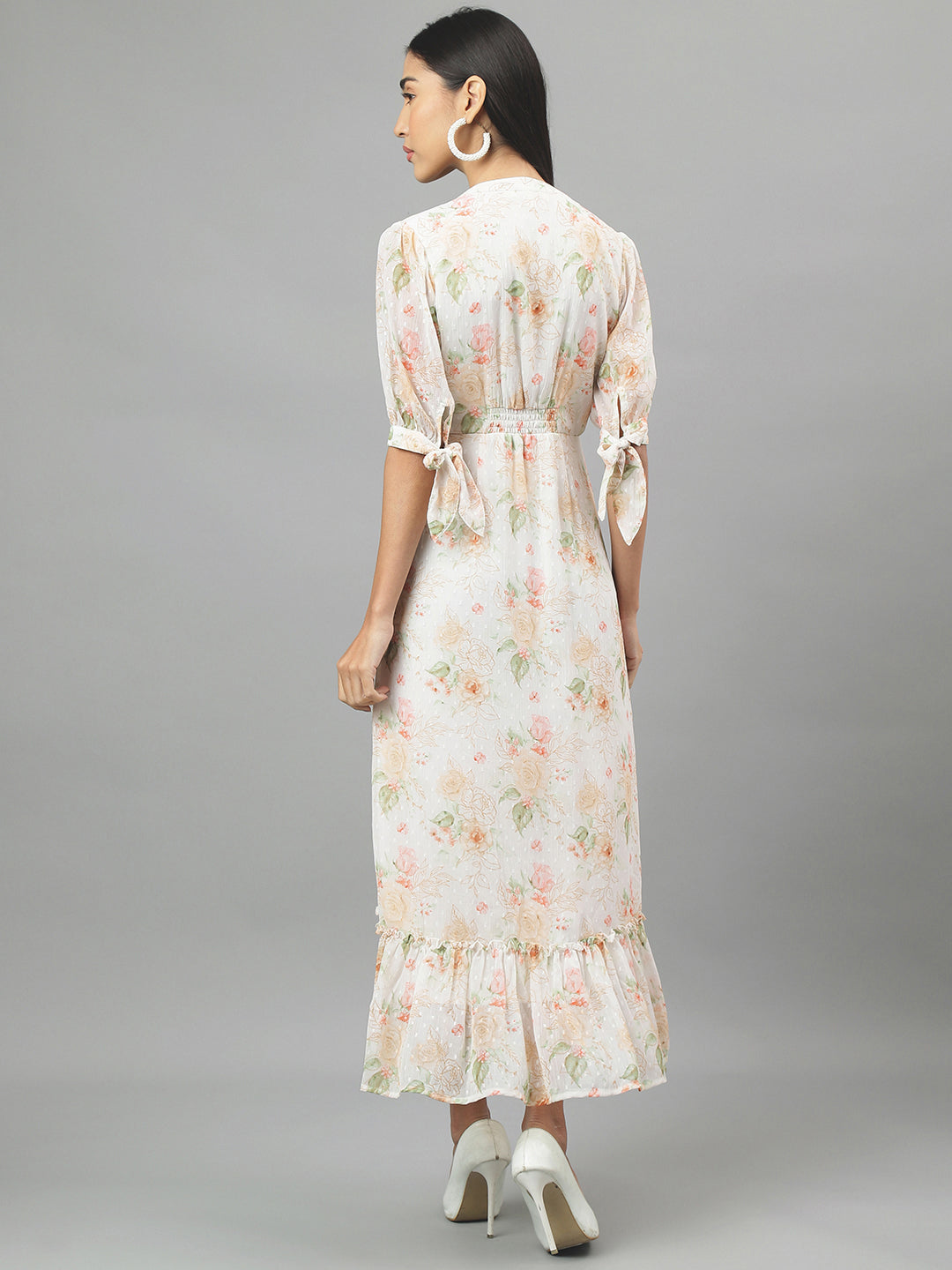 Ivory Half Sleeve V-Neck Floral Print High Low Dress