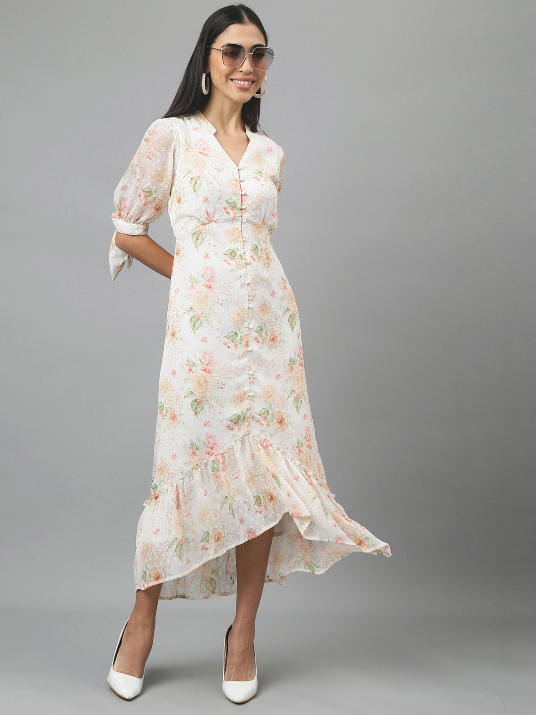 Ivory Half Sleeve V-Neck Floral Print High Low Dress