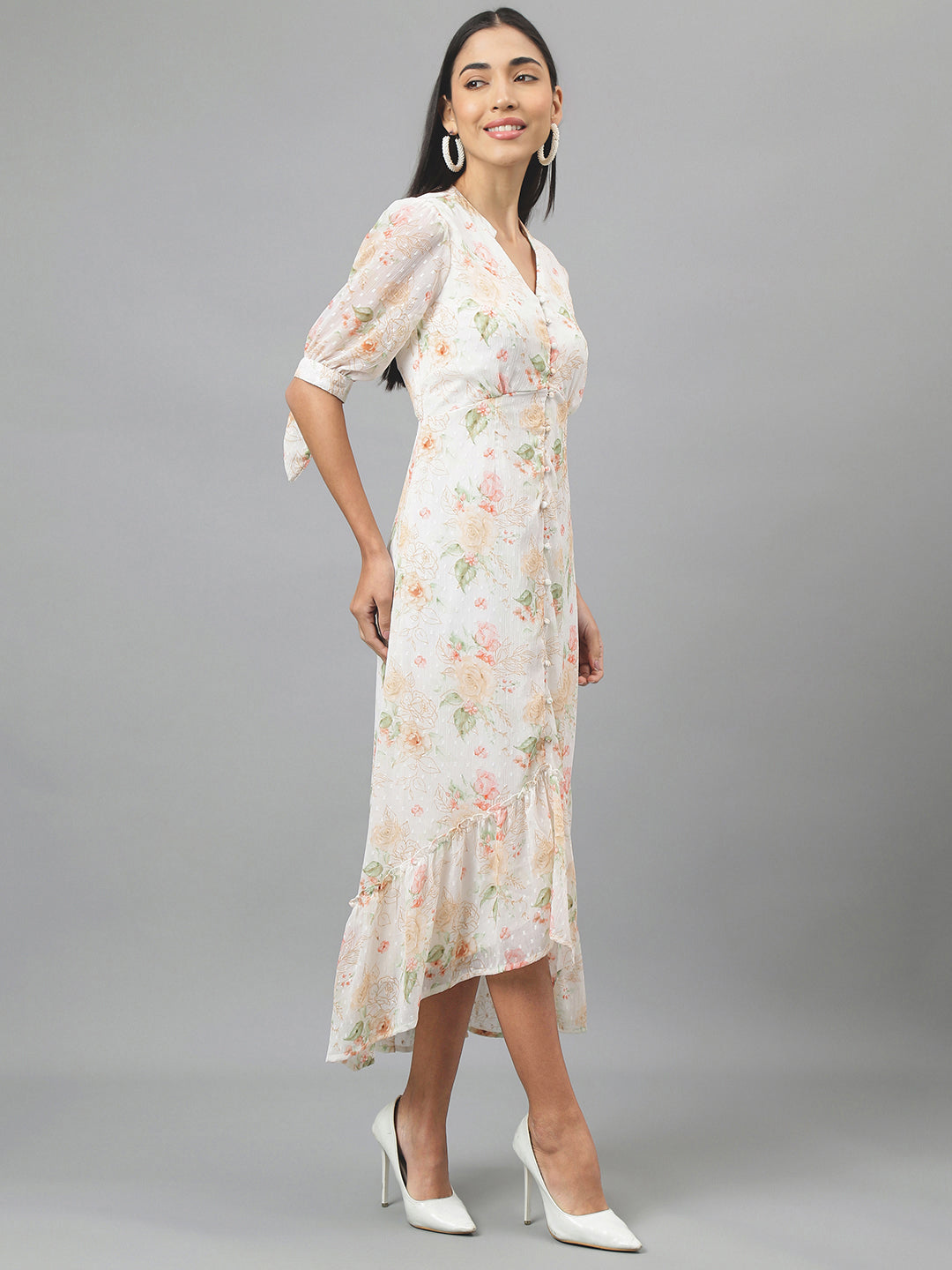 Ivory Half Sleeve V-Neck Floral Print High Low Dress