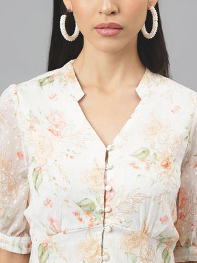 Ivory Half Sleeve V-Neck Floral Print High Low Dress
