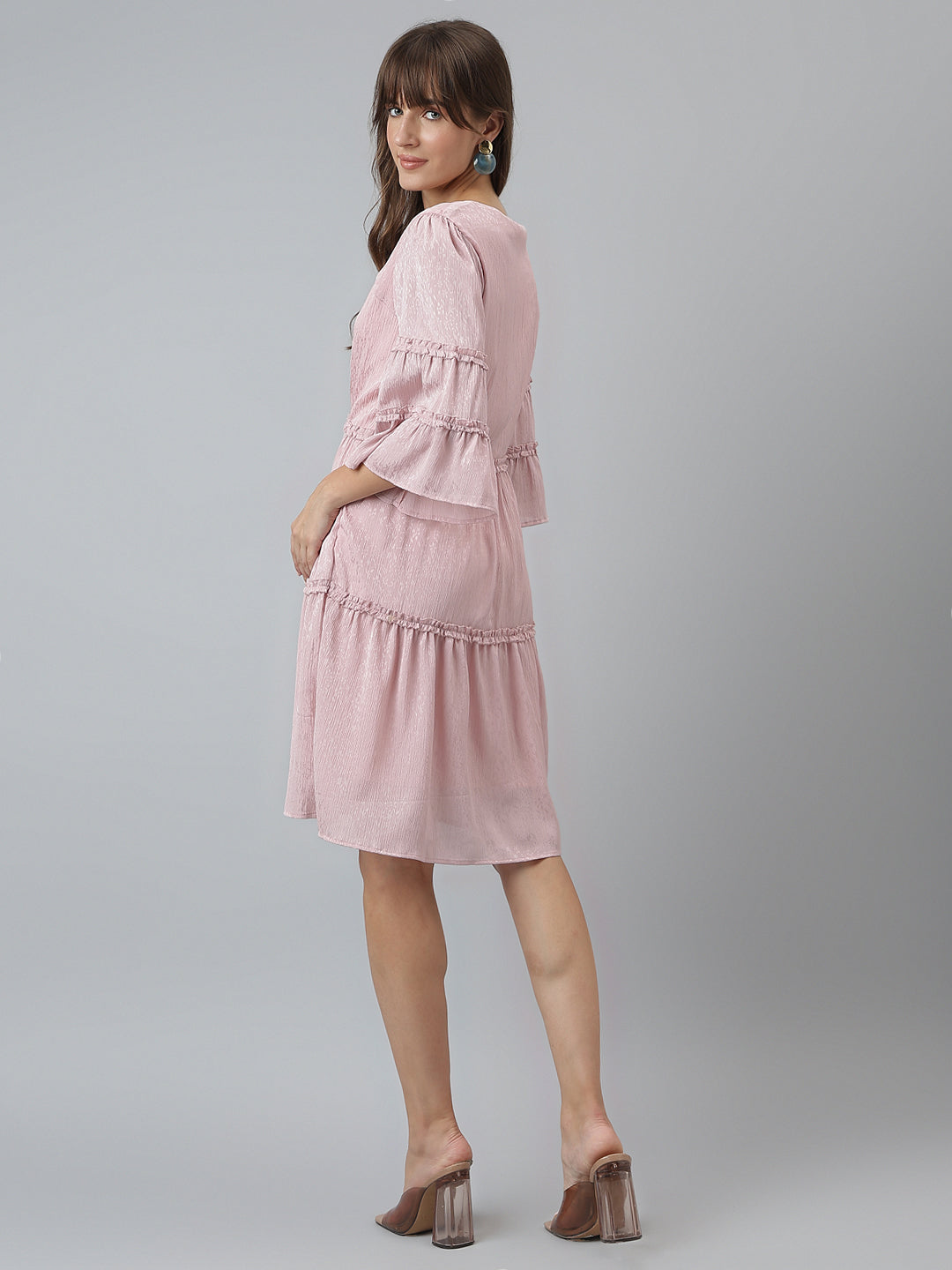 Solid Fit & Flare Casual 3/4 Sleeves Pink Dress