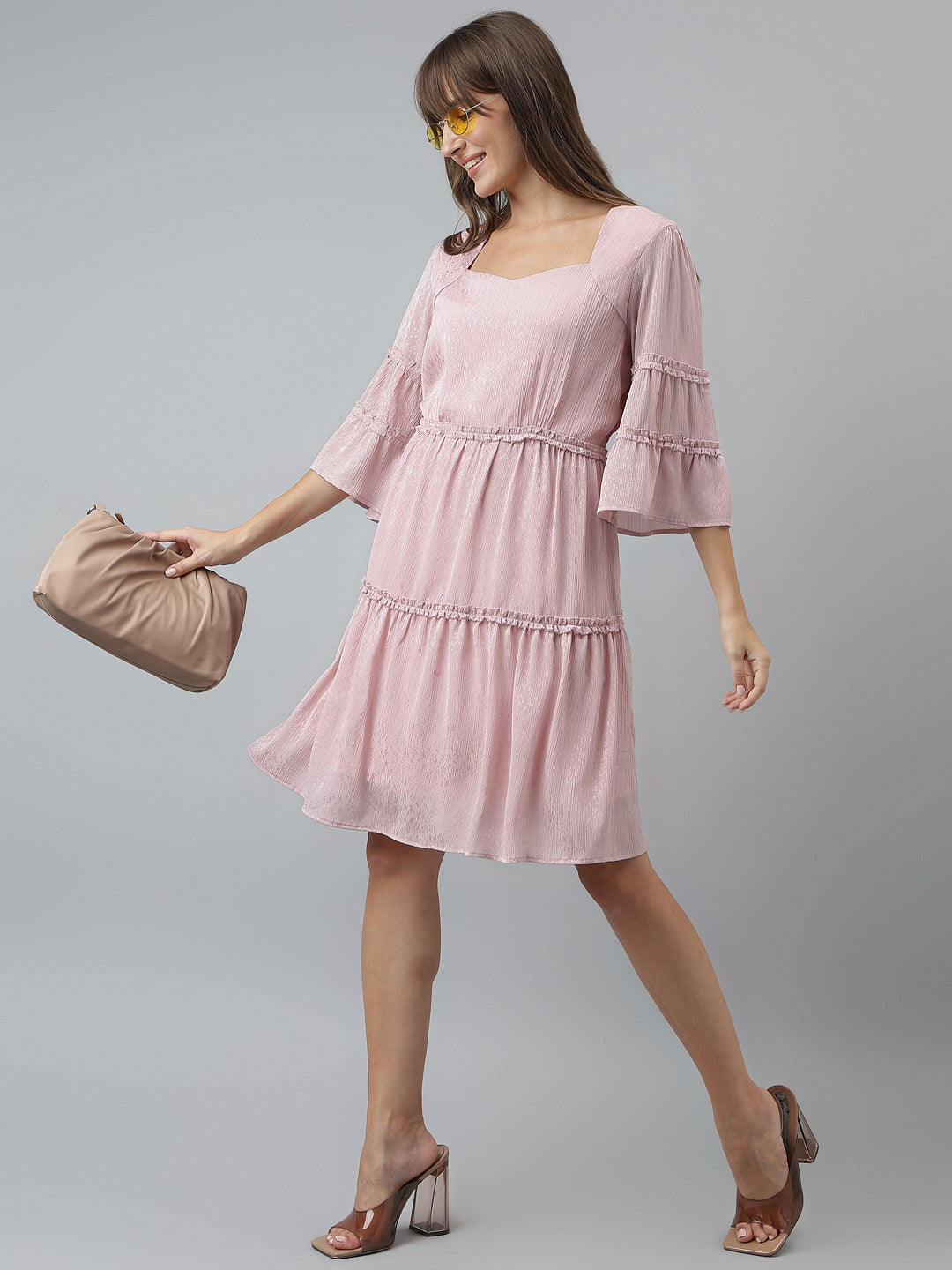 Solid Fit & Flare Casual 3/4 Sleeves Pink Dress