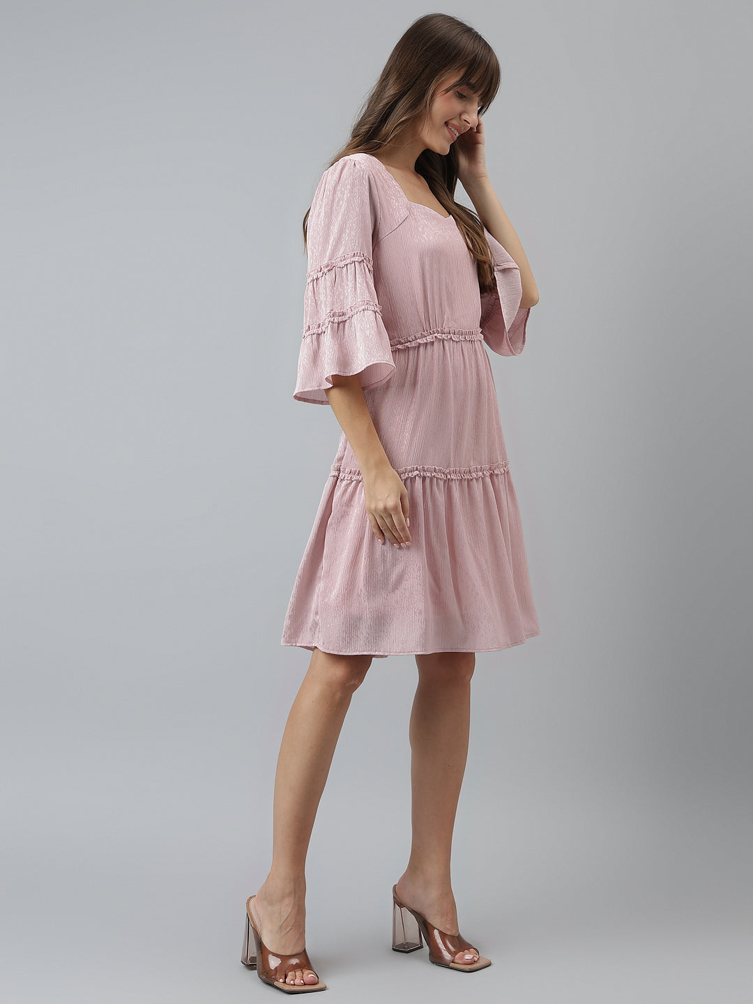 Solid Fit & Flare Casual 3/4 Sleeves Pink Dress