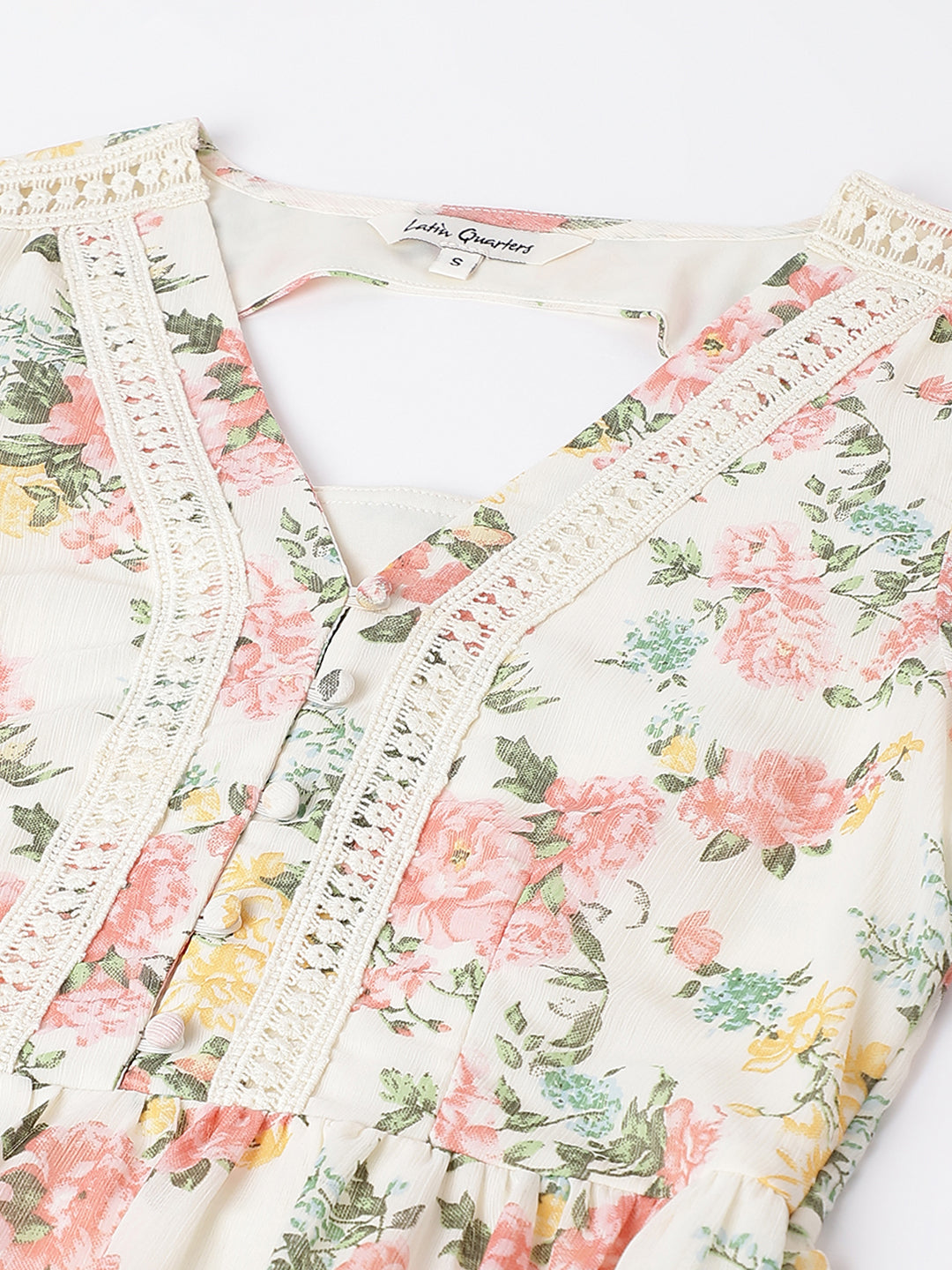 Pink 3/4 Sleeve V-Neck Floral Print A-Line Dress