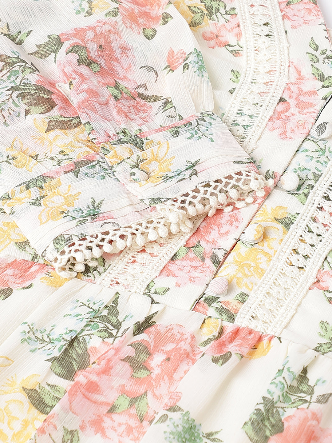 Pink 3/4 Sleeve V-Neck Floral Print A-Line Dress