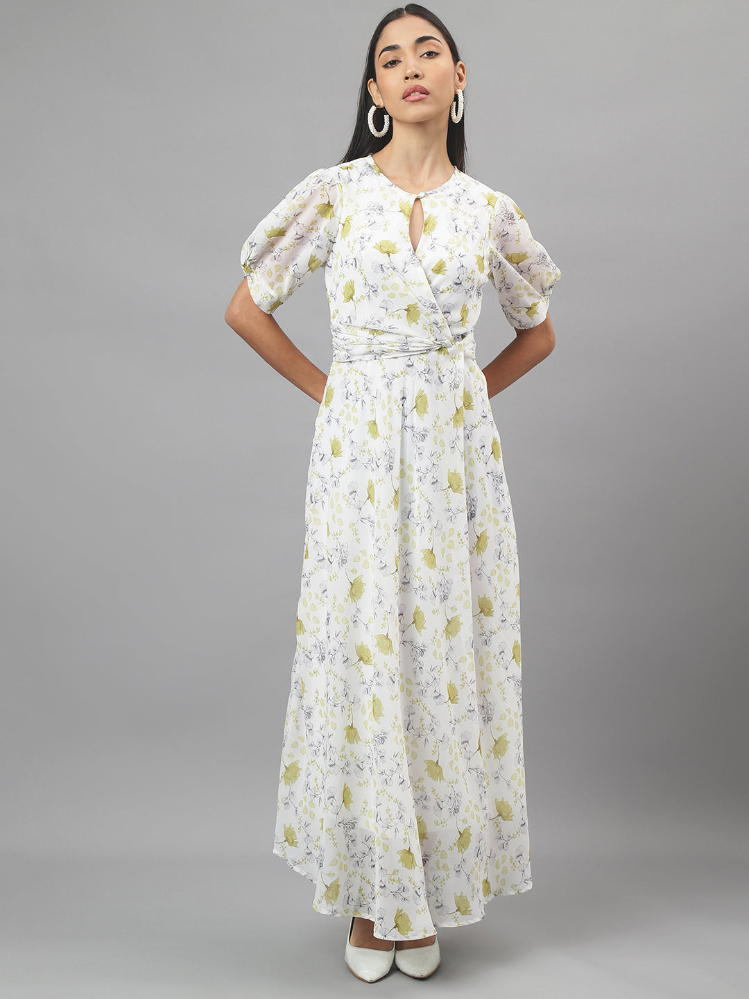 Green Half Sleeve Round Neck Floral Print Maxi Dress