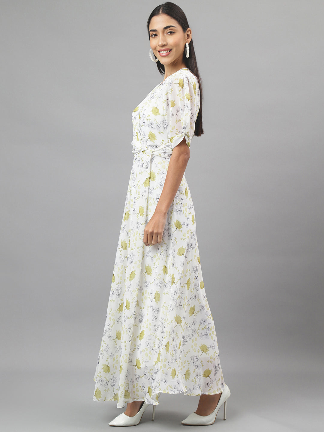 Green Half Sleeve Round Neck Floral Print Maxi Dress