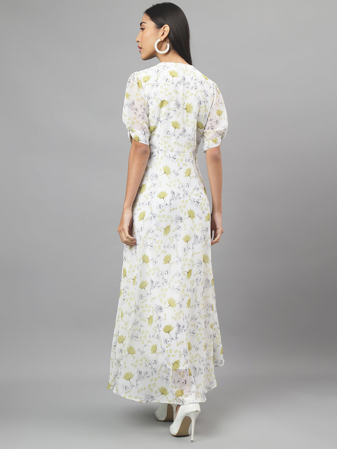 Green Half Sleeve Round Neck Floral Print Maxi Dress