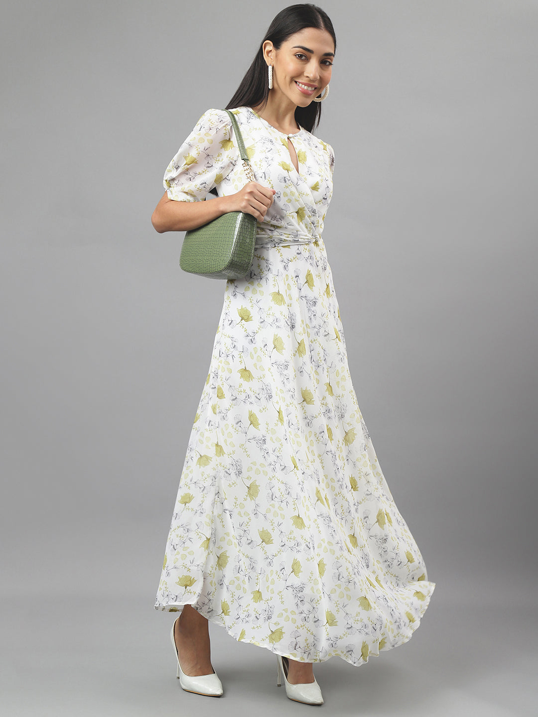 Green Half Sleeve Round Neck Floral Print Maxi Dress
