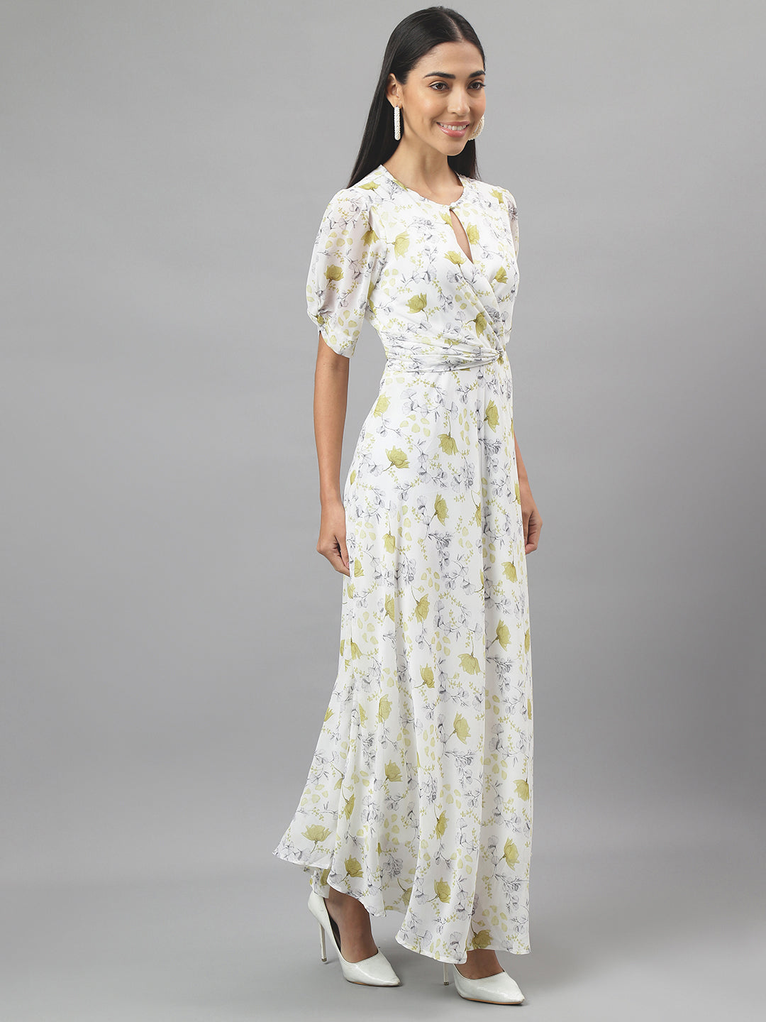 Green Half Sleeve Round Neck Floral Print Maxi Dress