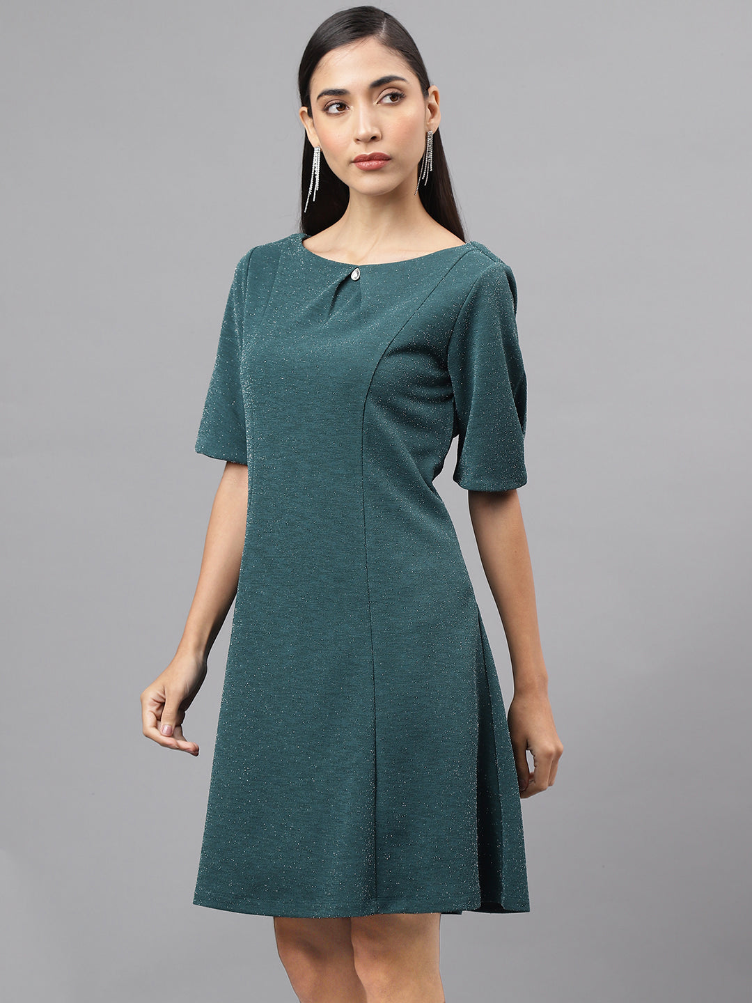 Green Half Sleeve Round Neck Solid A-Line Dress
