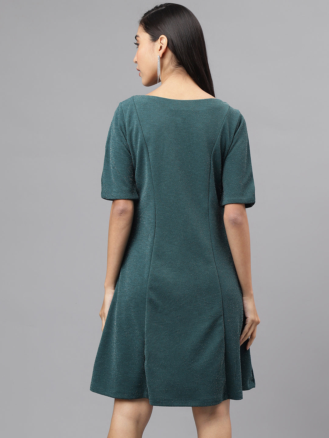 Green Half Sleeve Round Neck Solid A-Line Dress