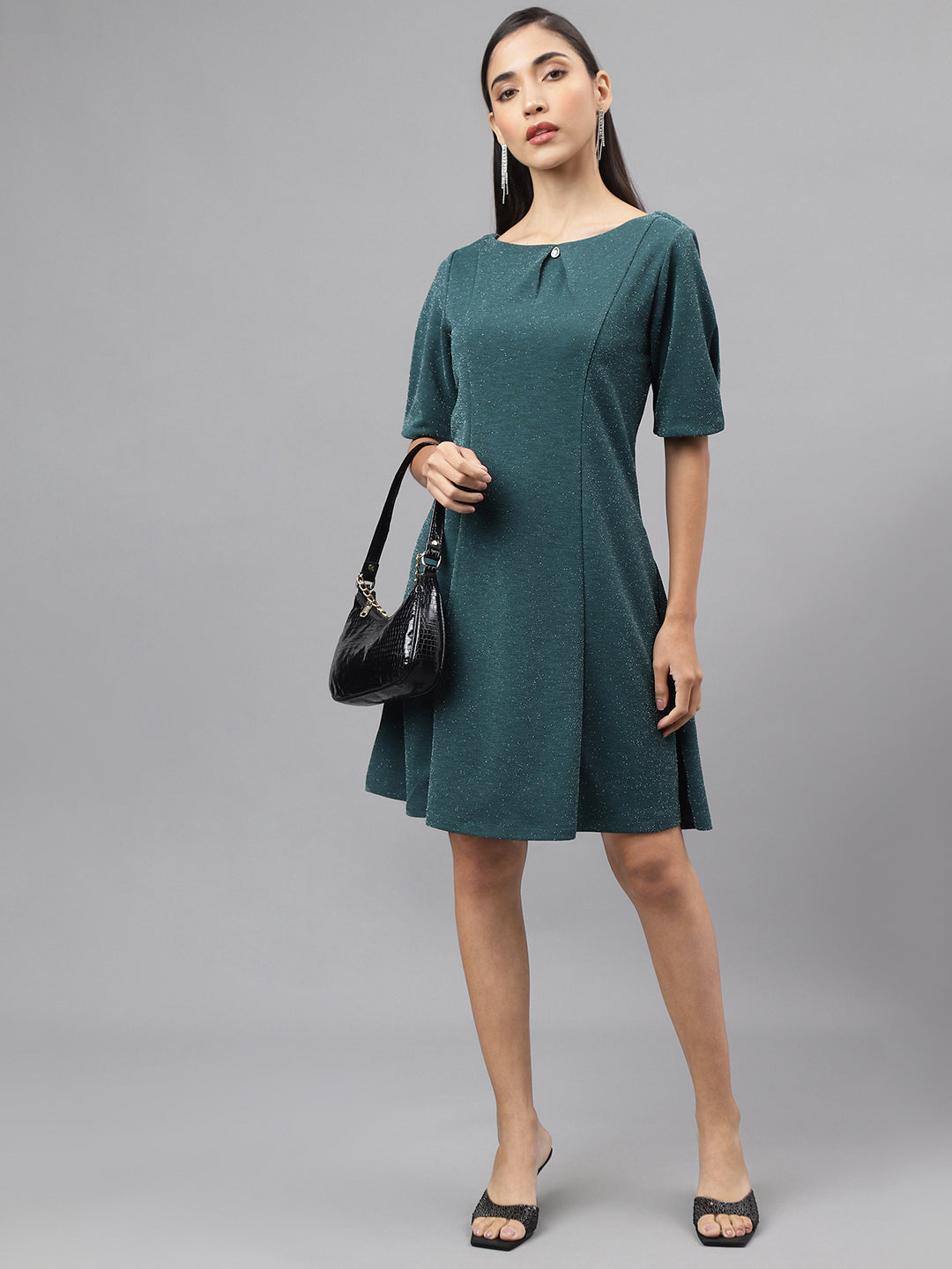 Green Half Sleeve Round Neck Solid A-Line Dress