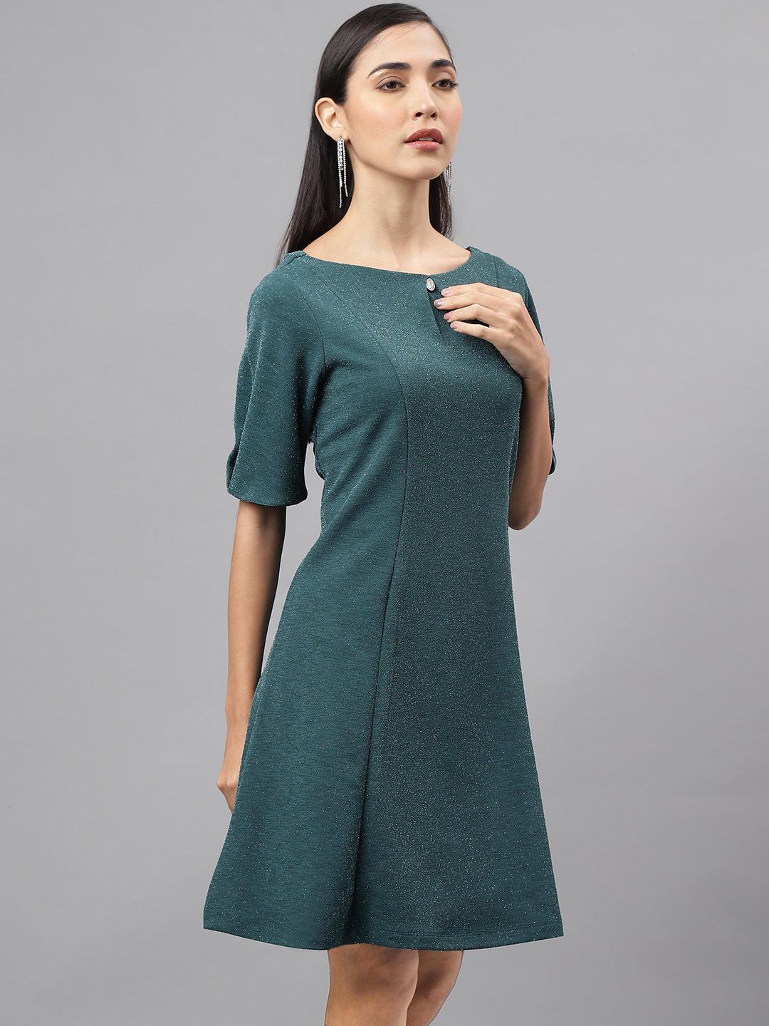 Green Half Sleeve Round Neck Solid A-Line Dress