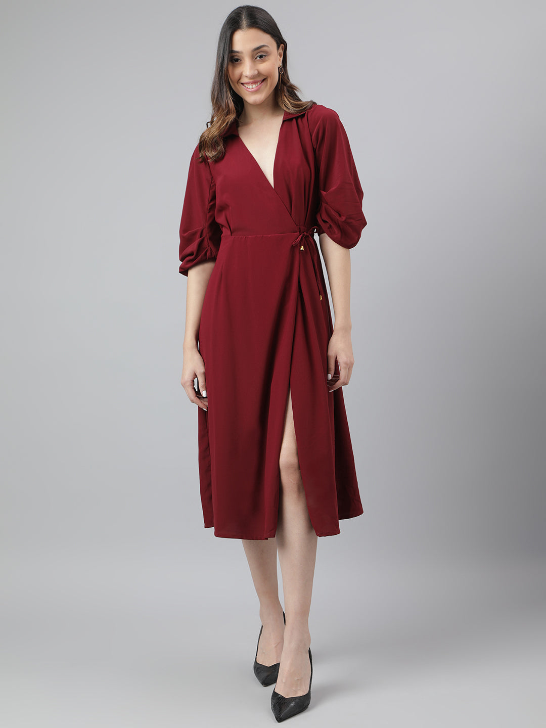 Maroon 3/4 Sleeve Solid Wrap Dress
