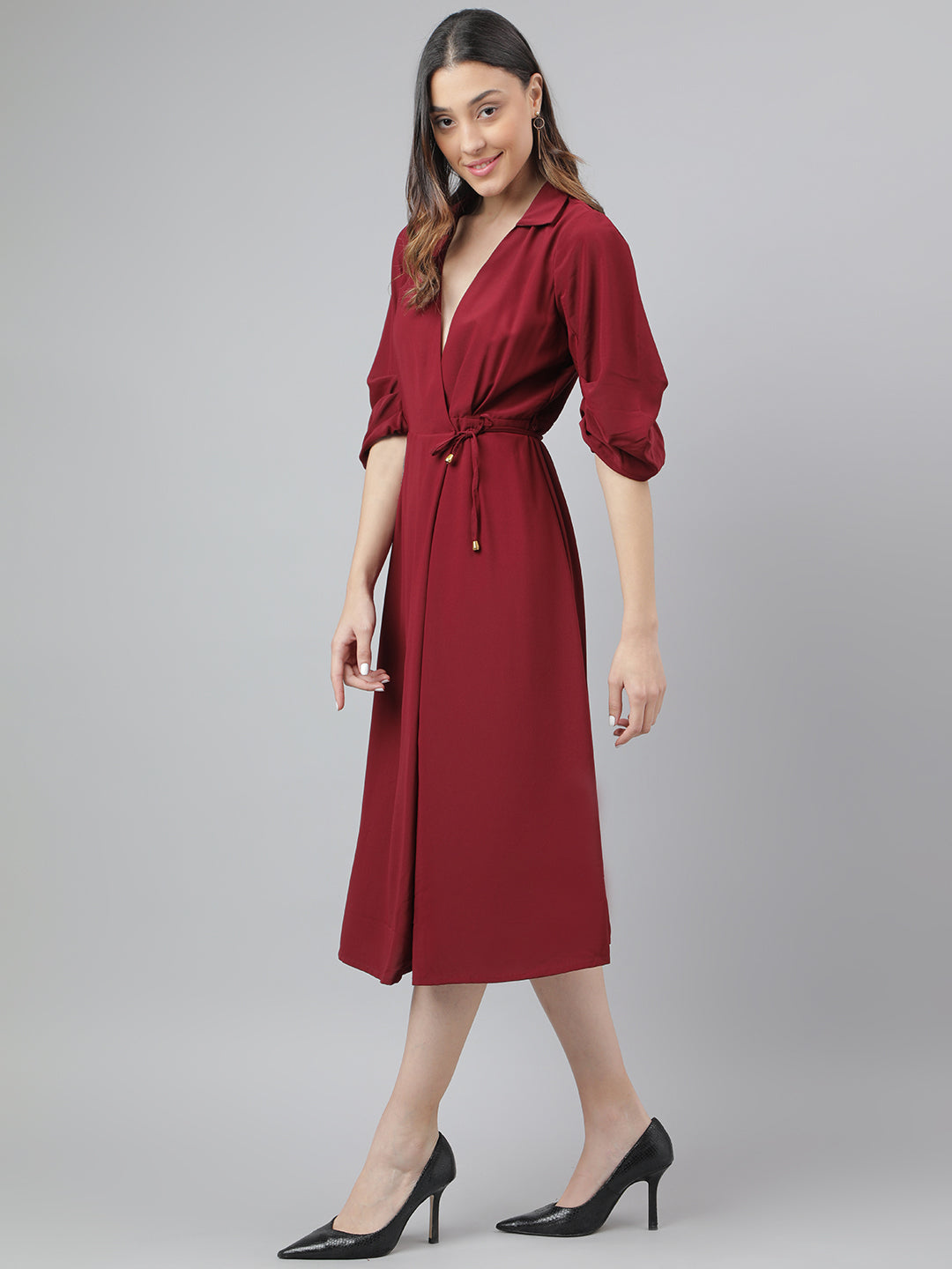 Maroon 3/4 Sleeve Solid Wrap Dress