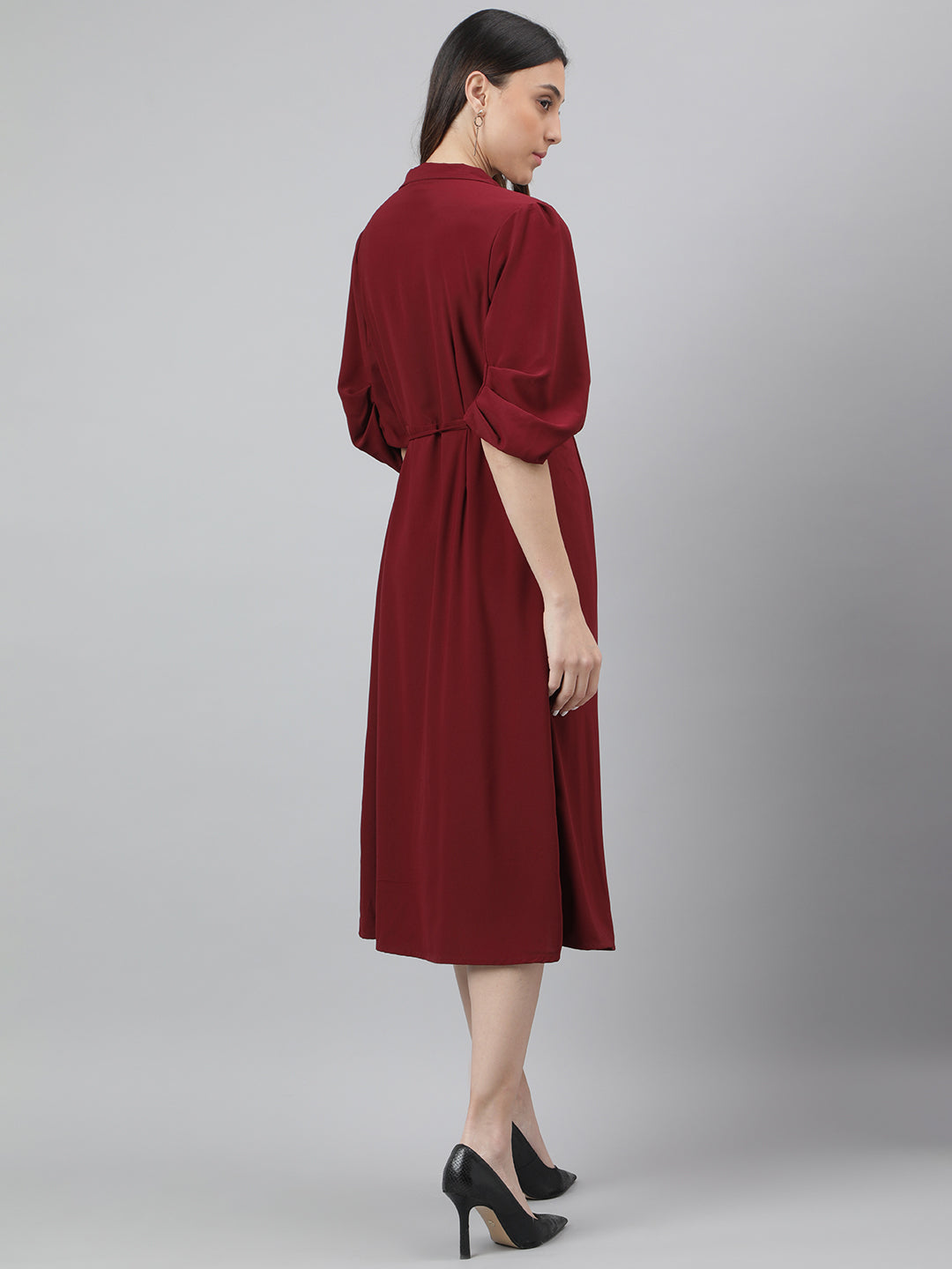 Maroon 3/4 Sleeve Solid Wrap Dress