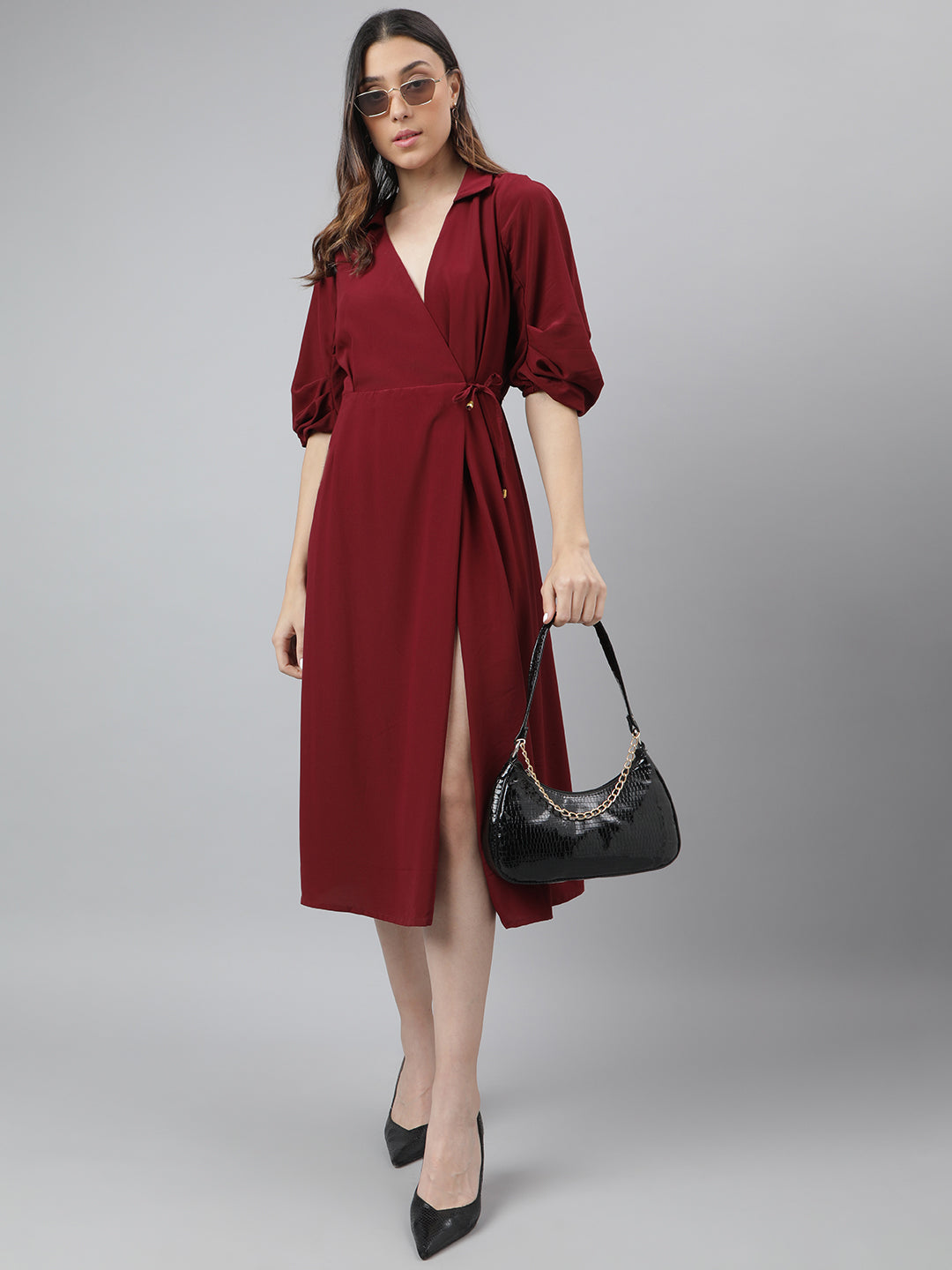 Maroon 3/4 Sleeve Solid Wrap Dress