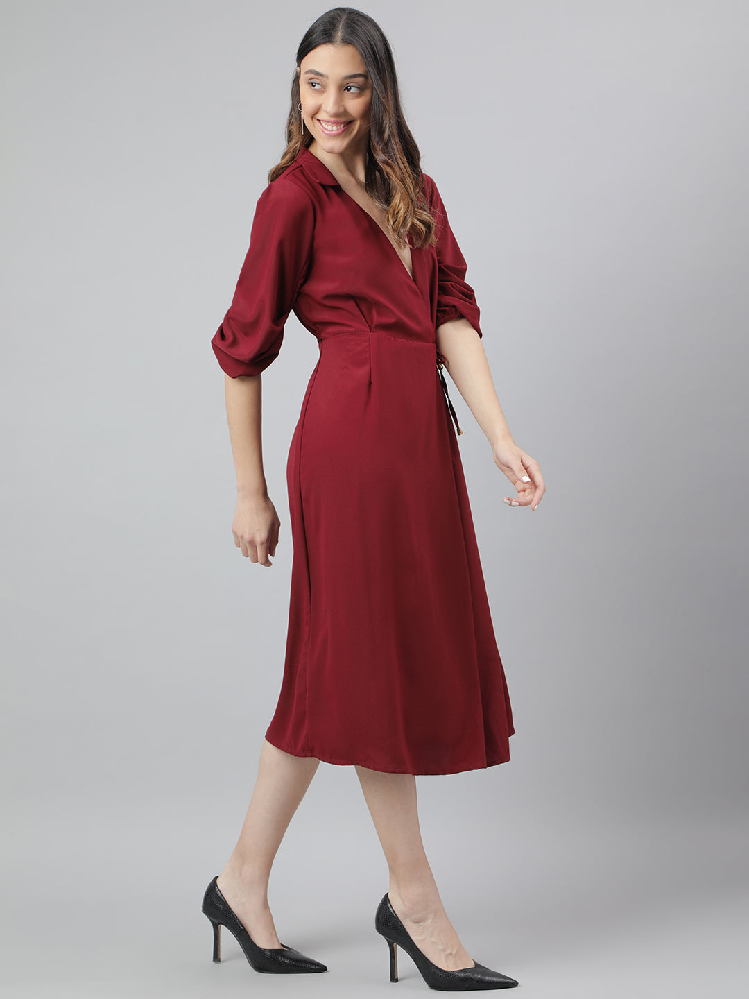 Maroon 3/4 Sleeve Solid Wrap Dress