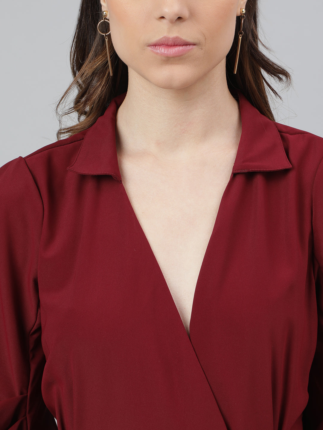Maroon 3/4 Sleeve Solid Wrap Dress