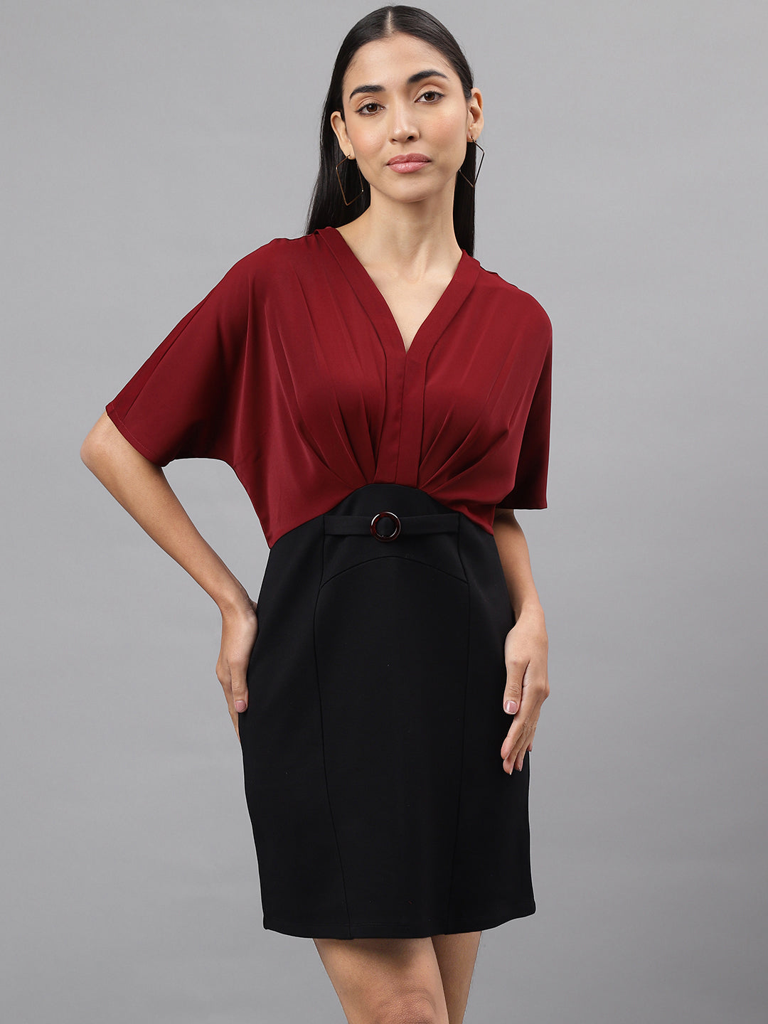 Maroon Half Sleeve V-Neck Solid 2 Fir 1 Dress